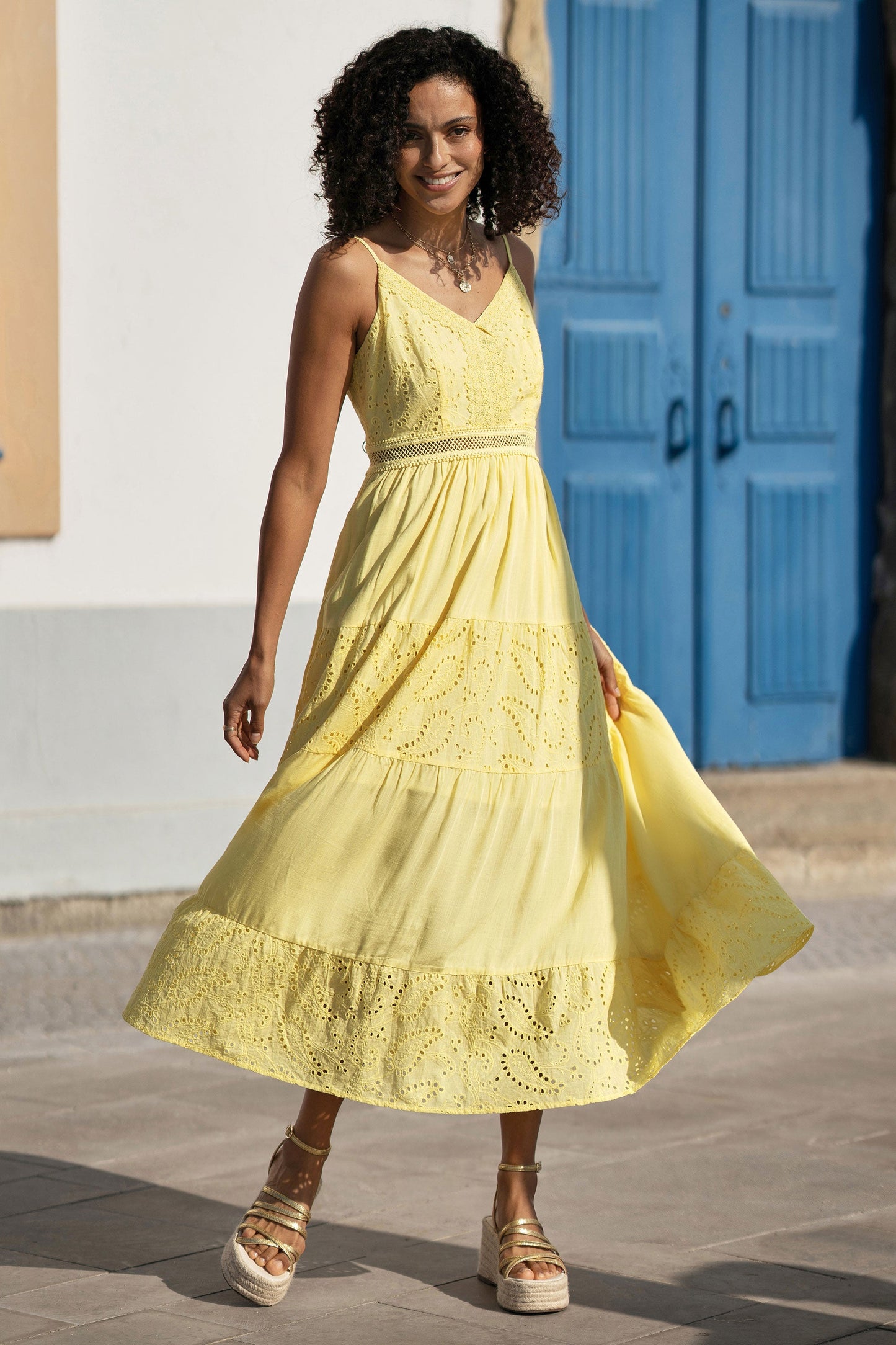 Butter Yellow Cotton Lace Trim Midi Dress