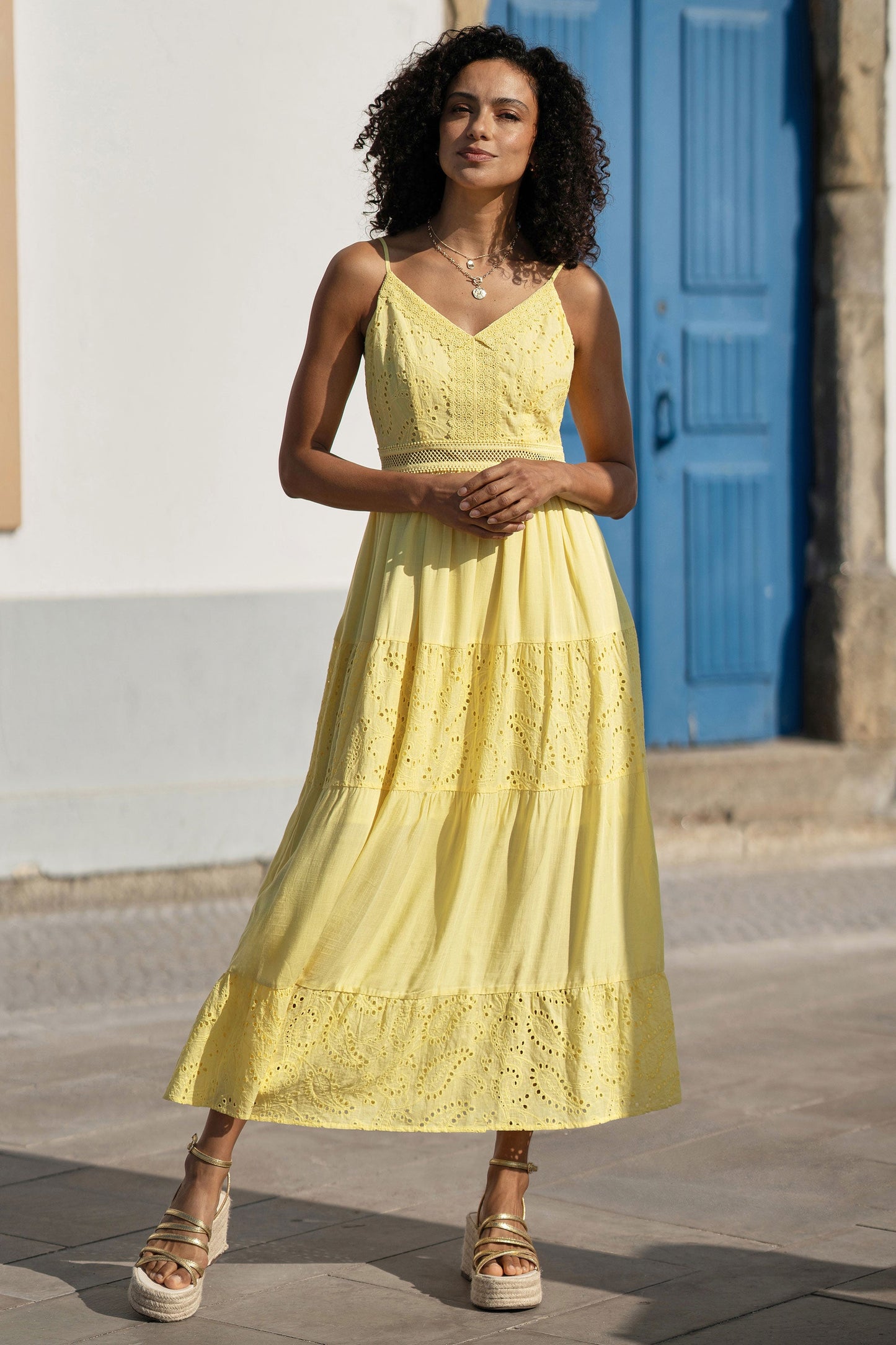 Butter Yellow Cotton Lace Trim Midi Dress