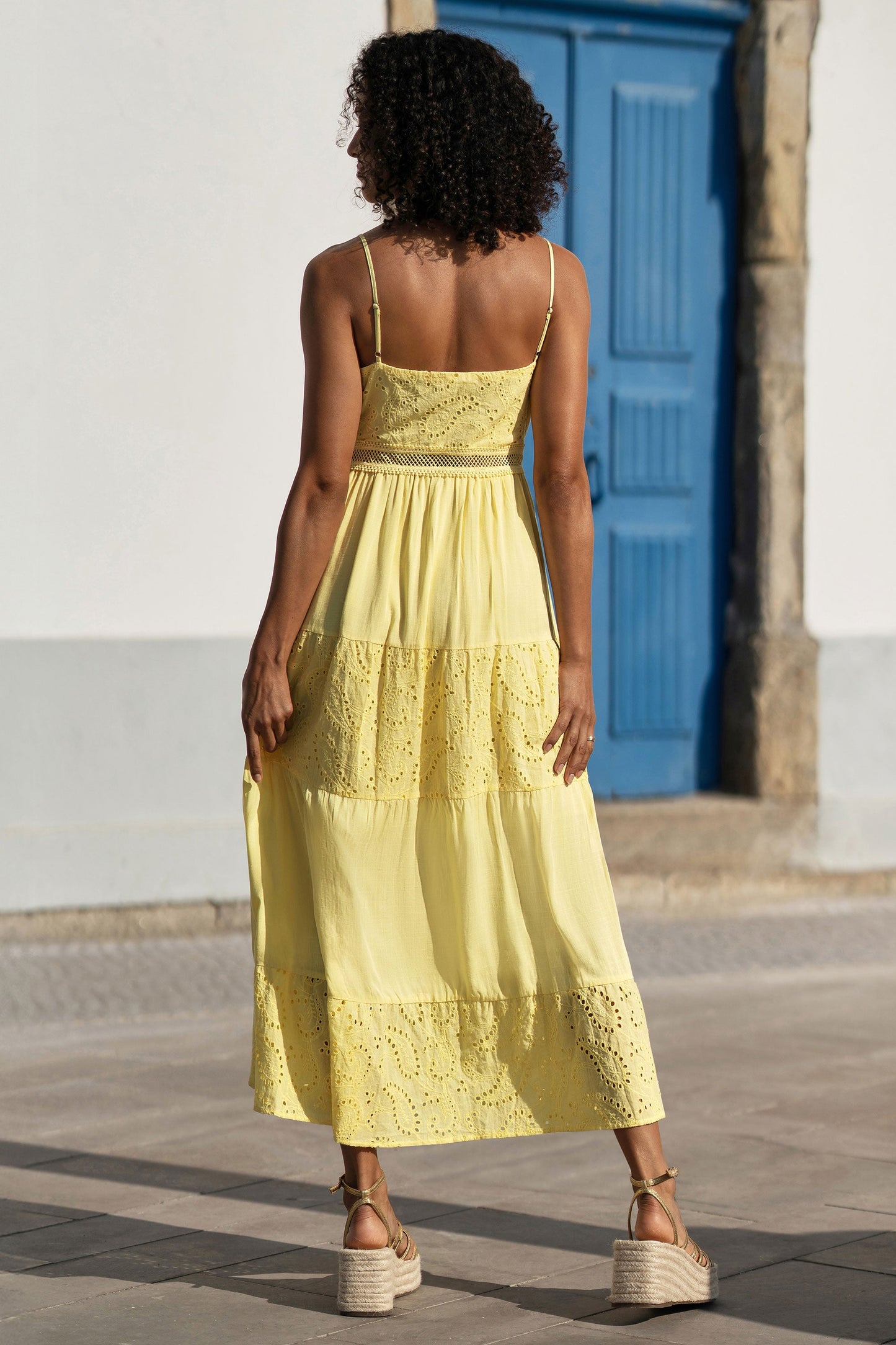 Butter Yellow Cotton Lace Trim Midi Dress