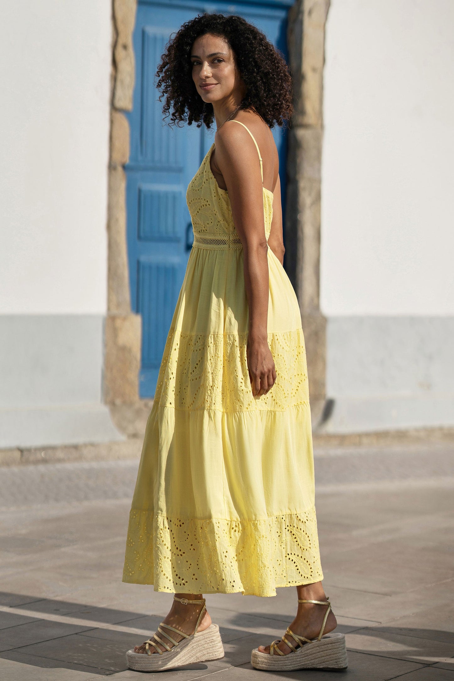 Butter Yellow Cotton Lace Trim Midi Dress