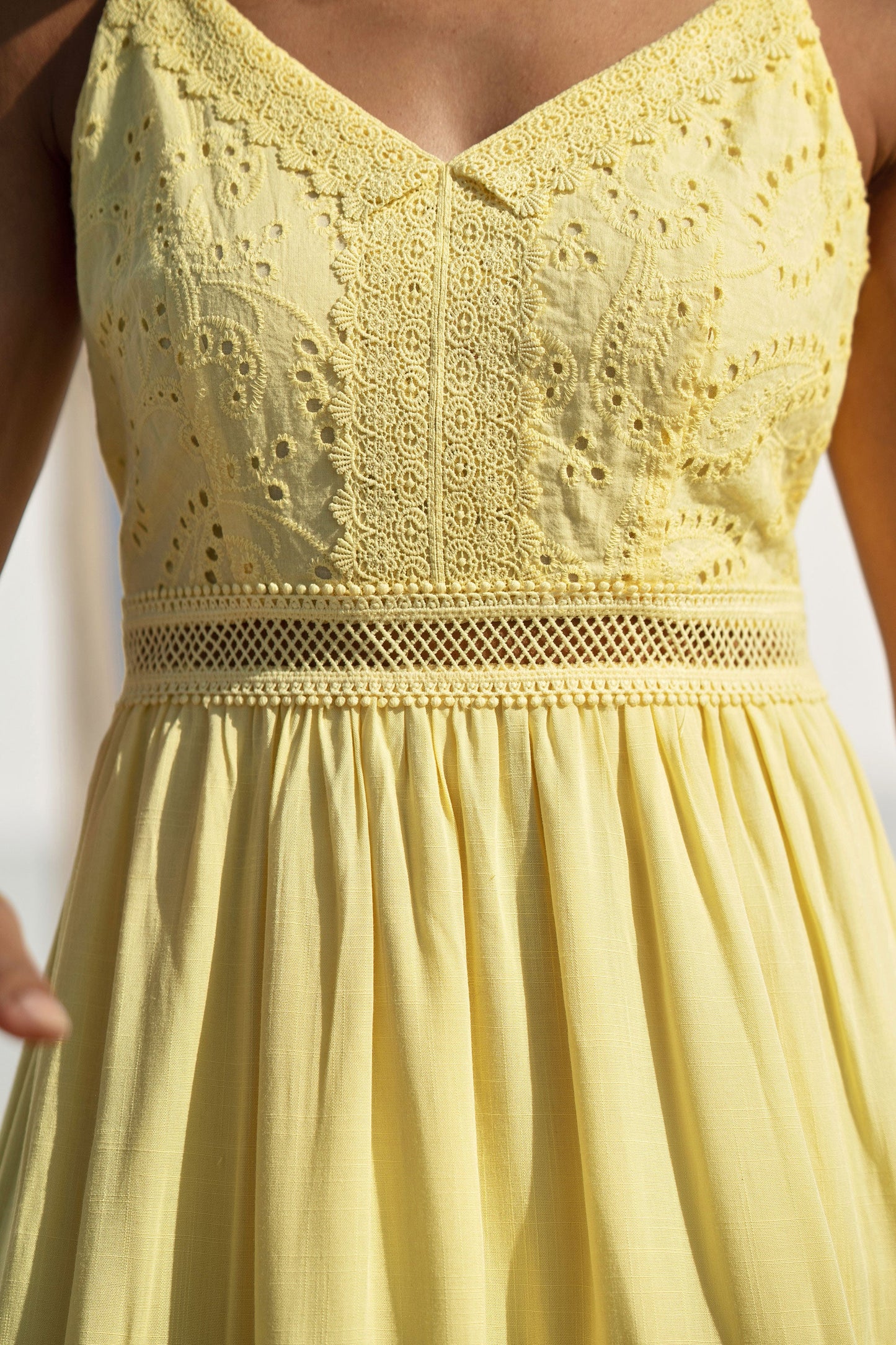 Butter Yellow Cotton Lace Trim Midi Dress