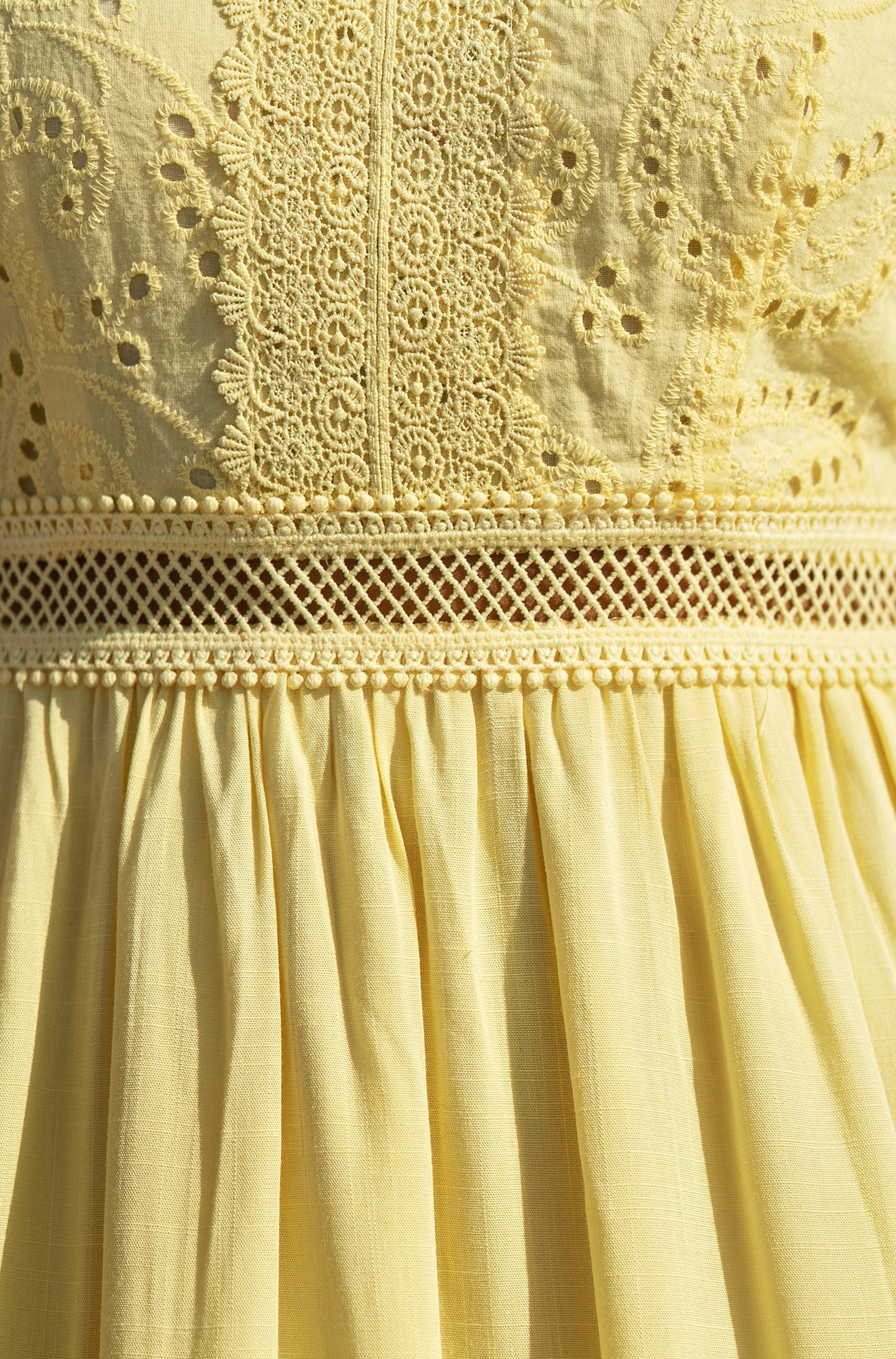 Butter Yellow Cotton Lace Trim Midi Dress