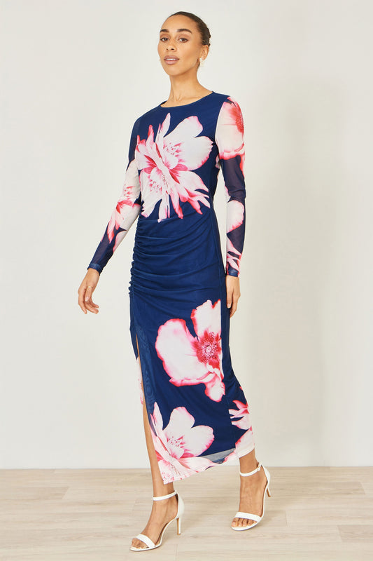 Navy Floral Long Sleeve Mesh Maxi Dress