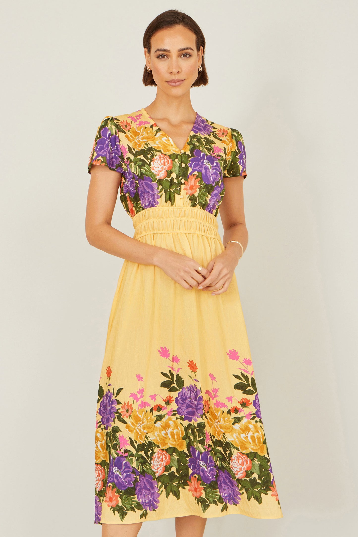 Butter Yellow Floral Mirror Print Viscose Midi Dress