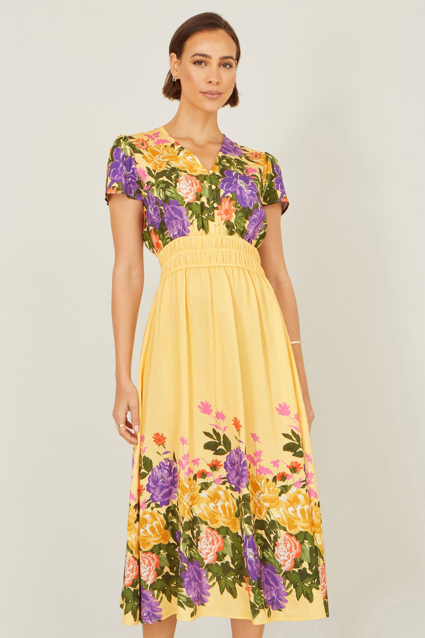 Butter Yellow Floral Mirror Print Viscose Midi Dress