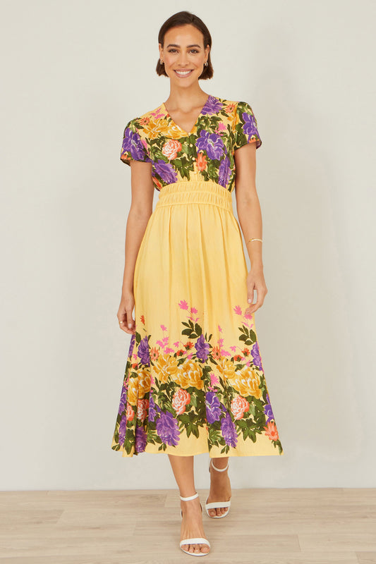 Butter Yellow Floral Mirror Print Viscose Midi Dress