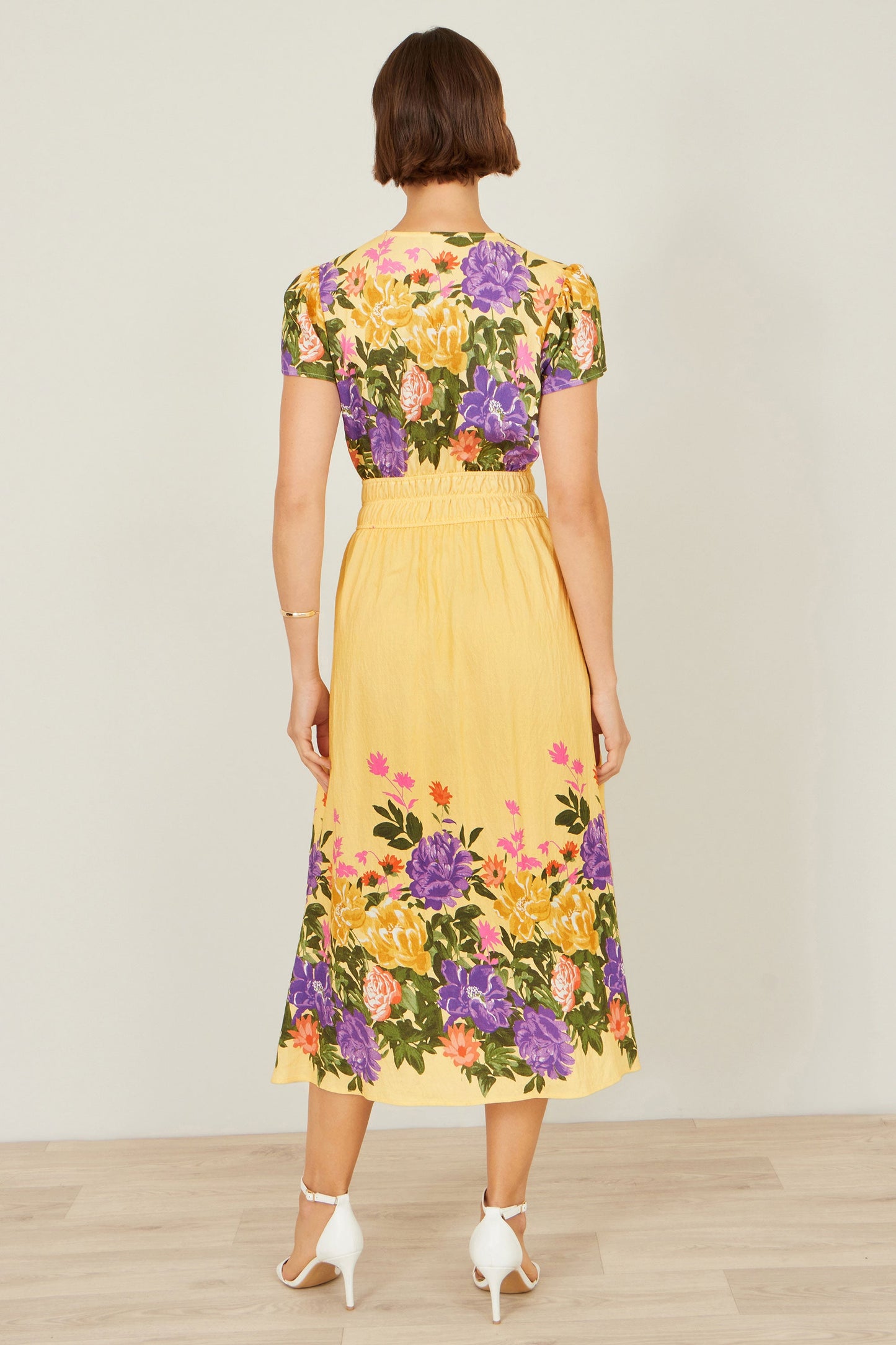 Butter Yellow Floral Mirror Print Viscose Midi Dress