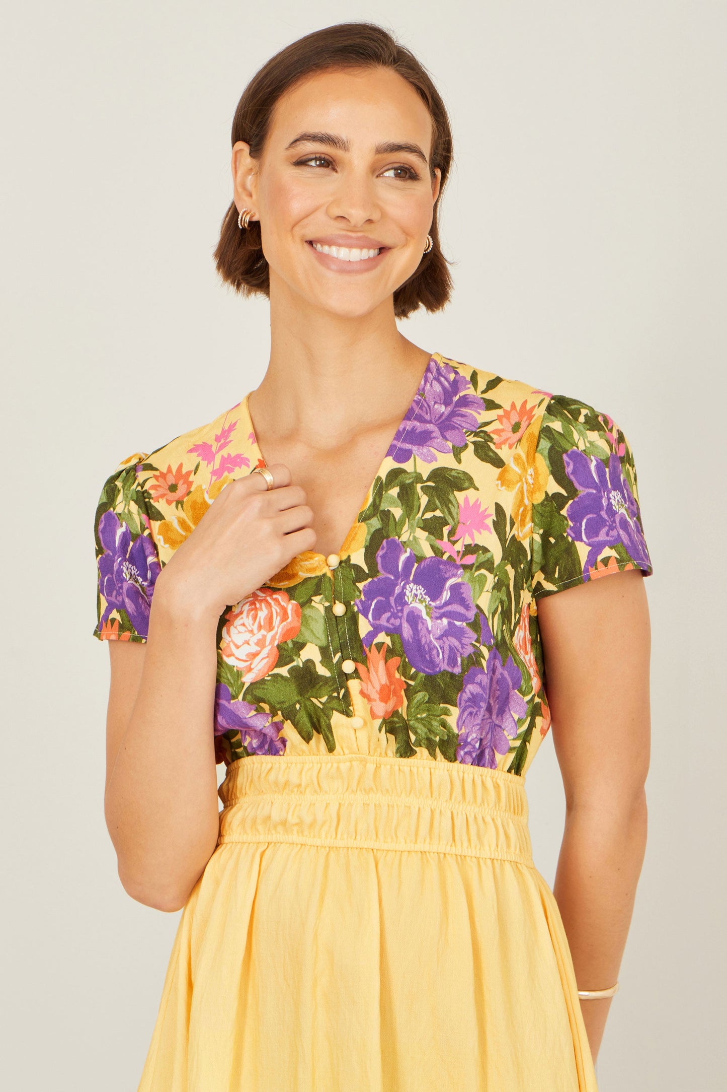 Butter Yellow Floral Mirror Print Viscose Midi Dress