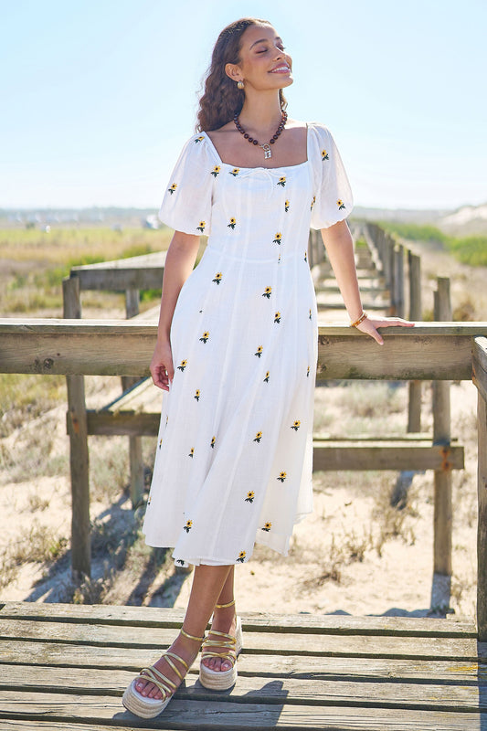 White Cotton Sunflower Embroidered Midi Dress