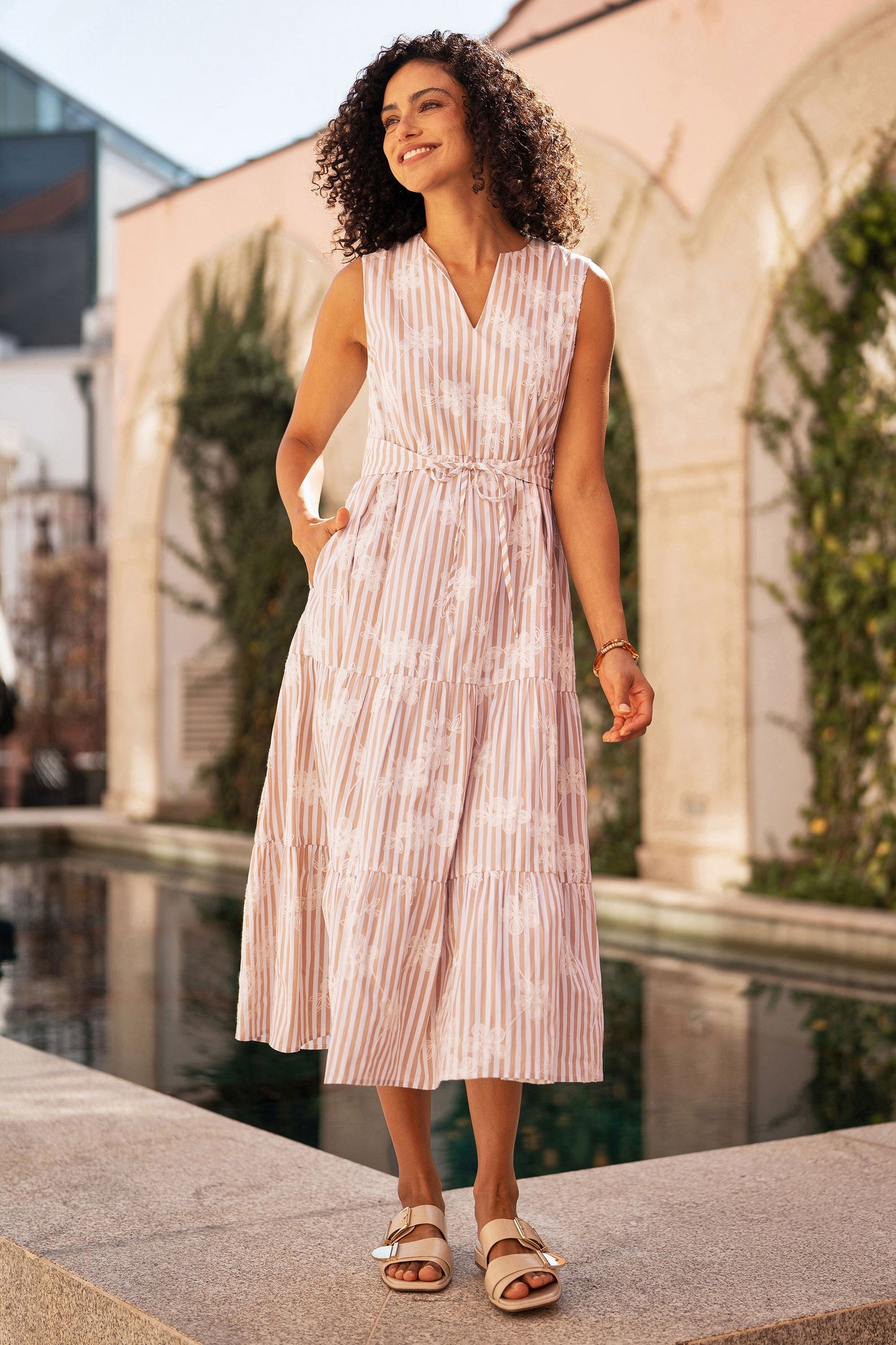 Brown Stripe With Embroidered Flower Cotton Dress