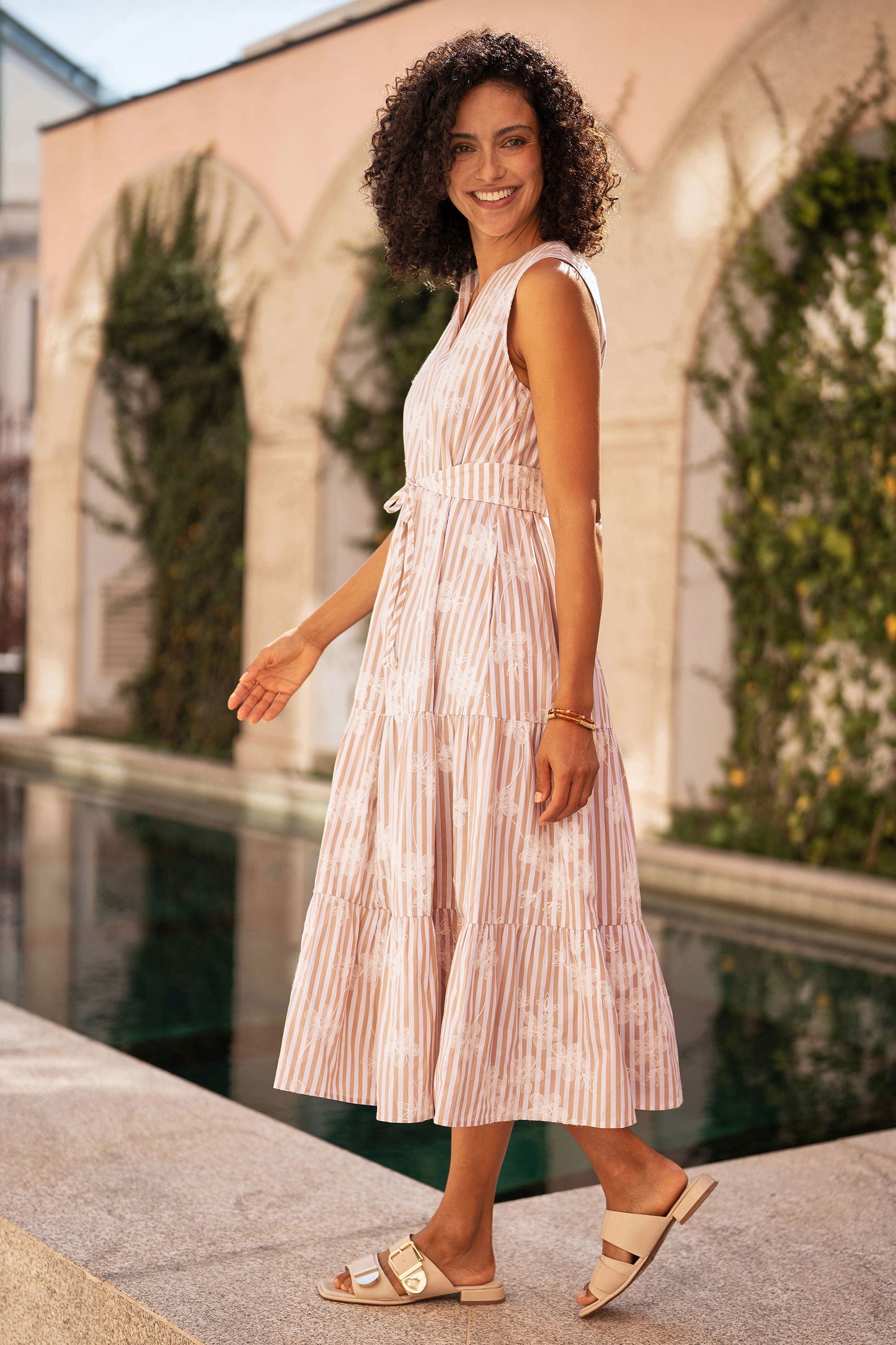Brown Stripe With Embroidered Flower Cotton Dress
