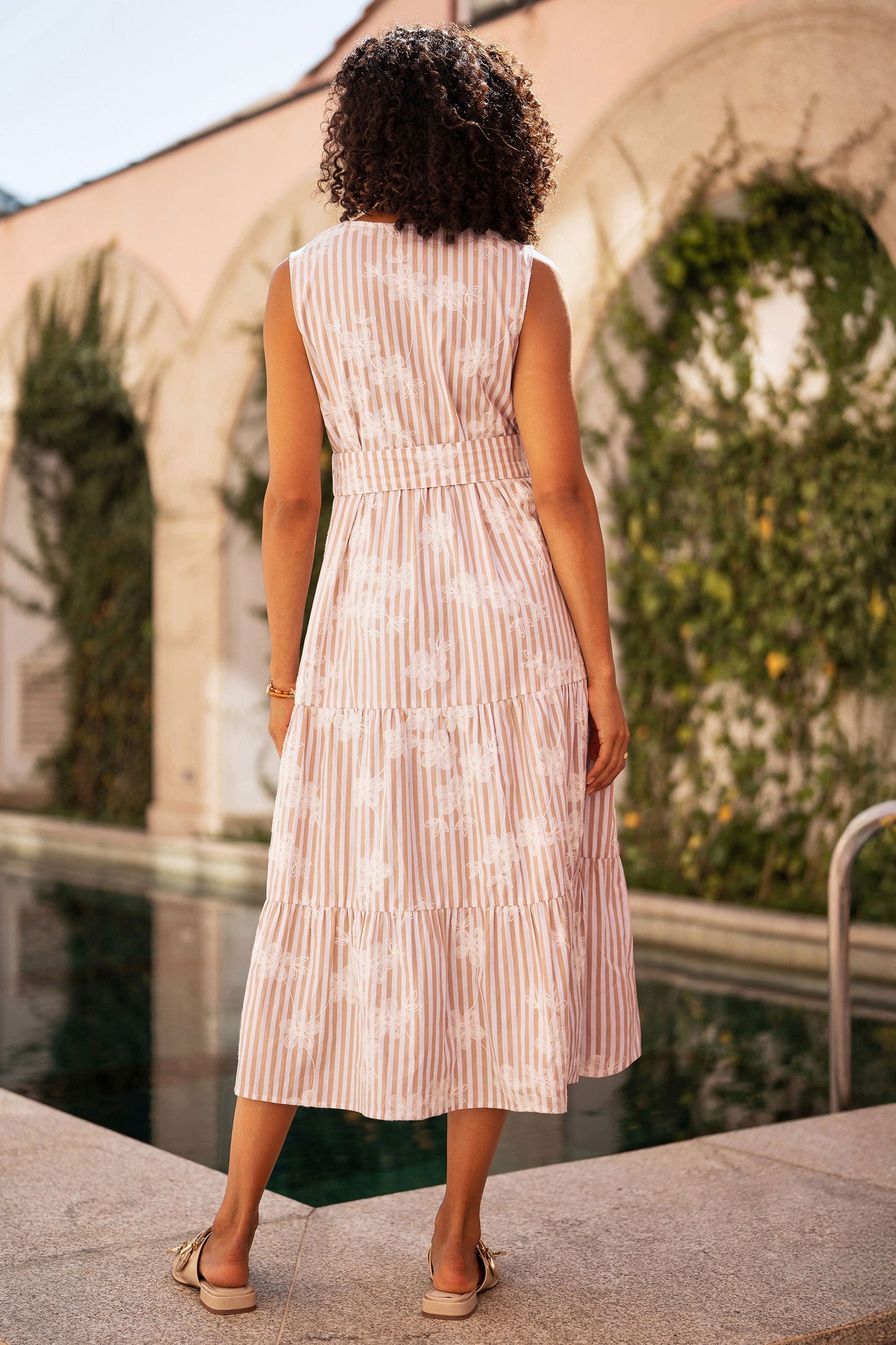 Brown Stripe With Embroidered Flower Cotton Dress