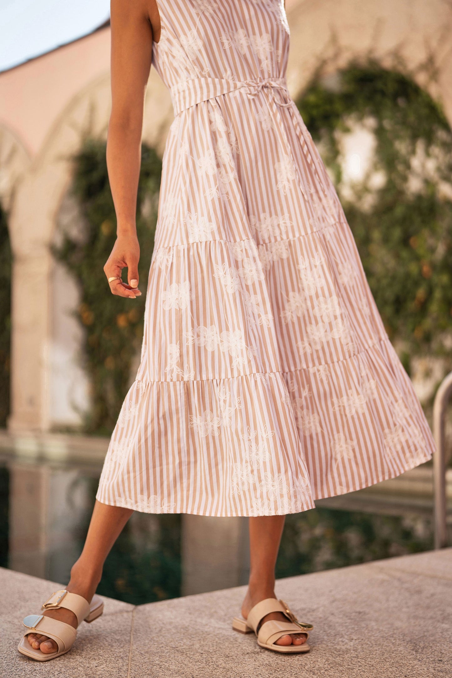 Brown Stripe With Embroidered Flower Cotton Dress