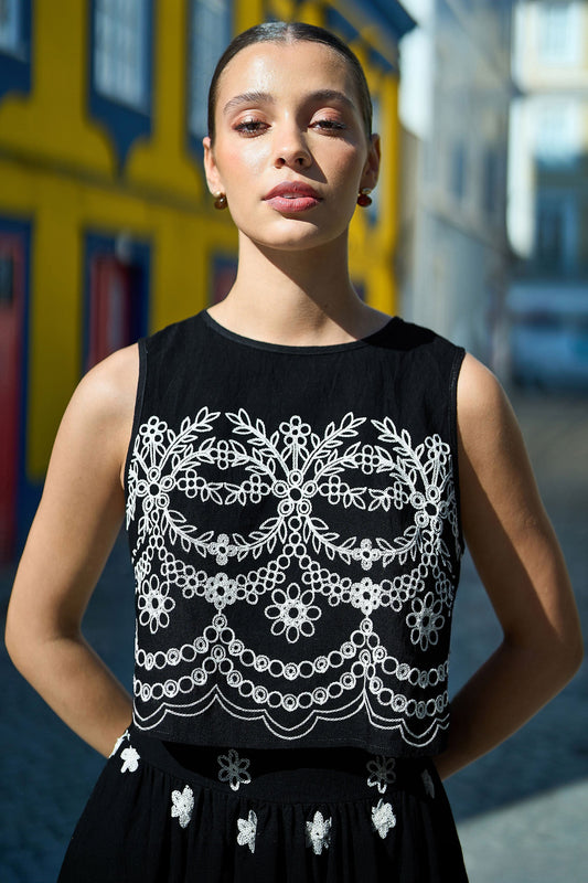 Black Embroidered Crop Top