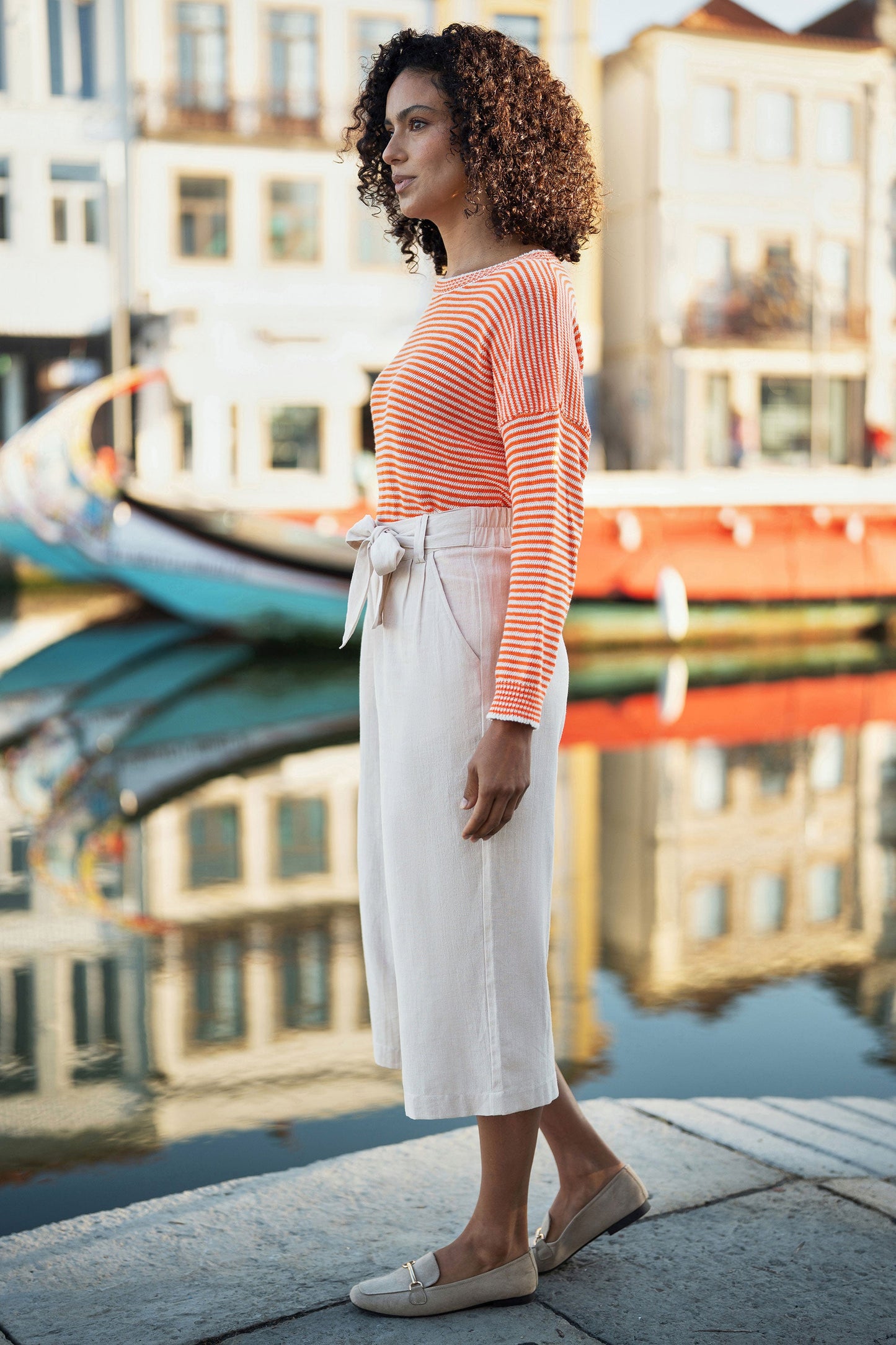 Linen Mix Cropped Trousers With Tie Belt