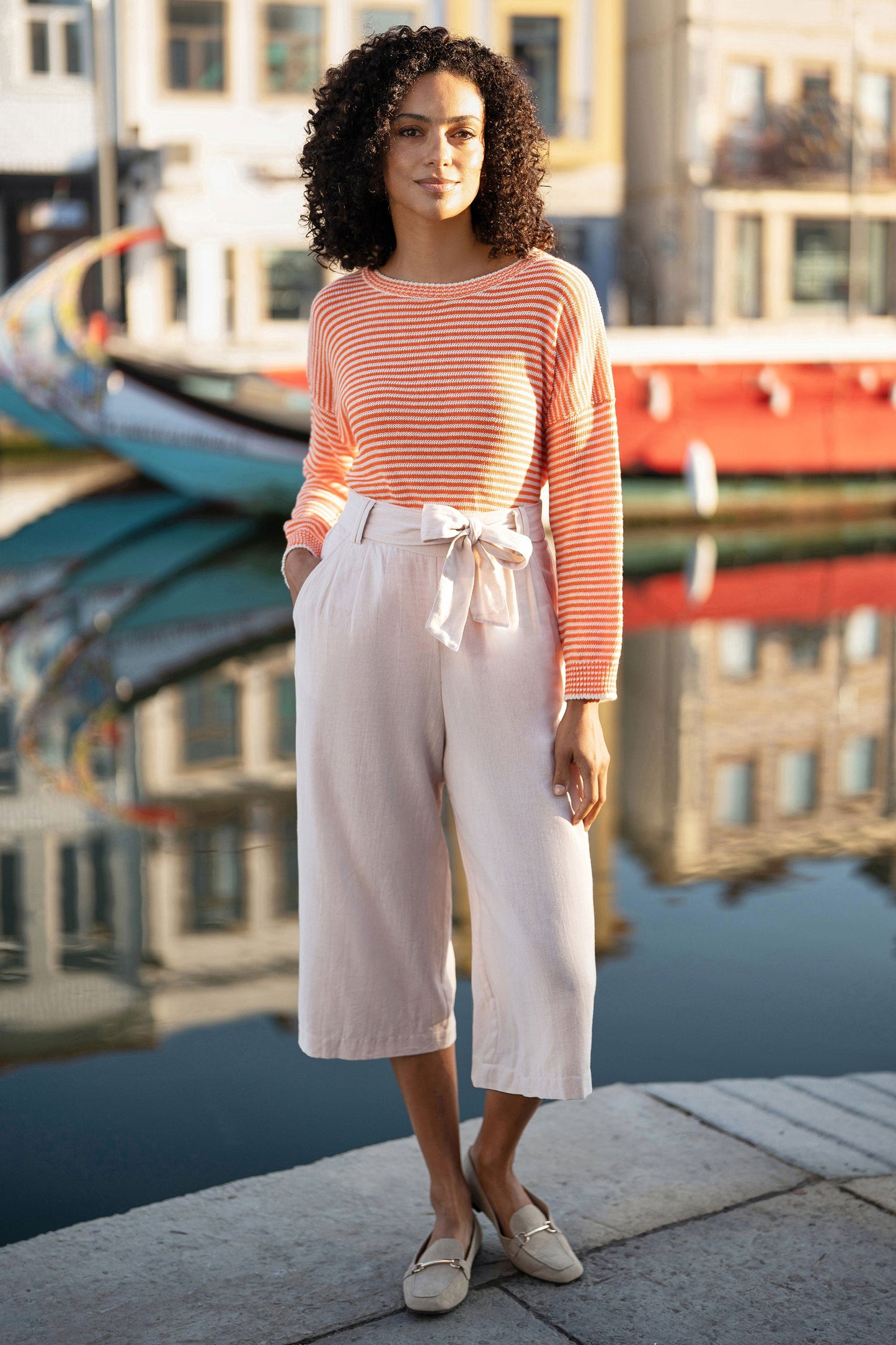 Linen Mix Cropped Trousers With Tie Belt
