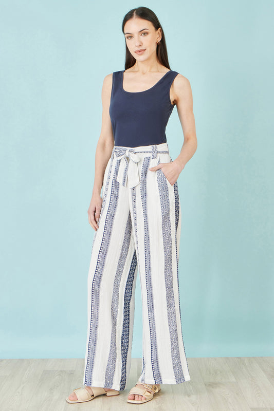 White Stripe Linen Mix Relaxed Trousers With Tie Belt