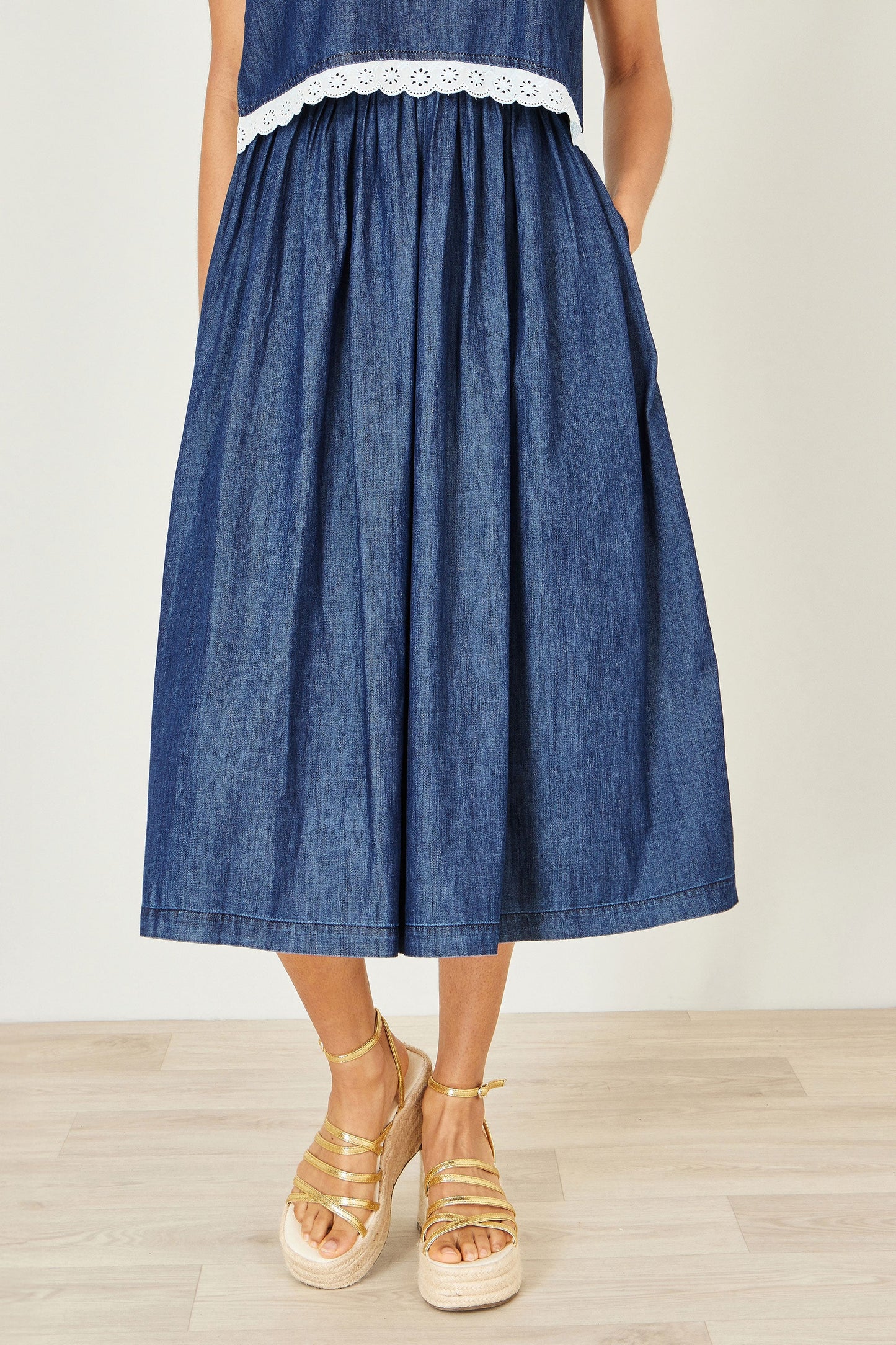Blue Denim Chambray Gathered Midi Skirt