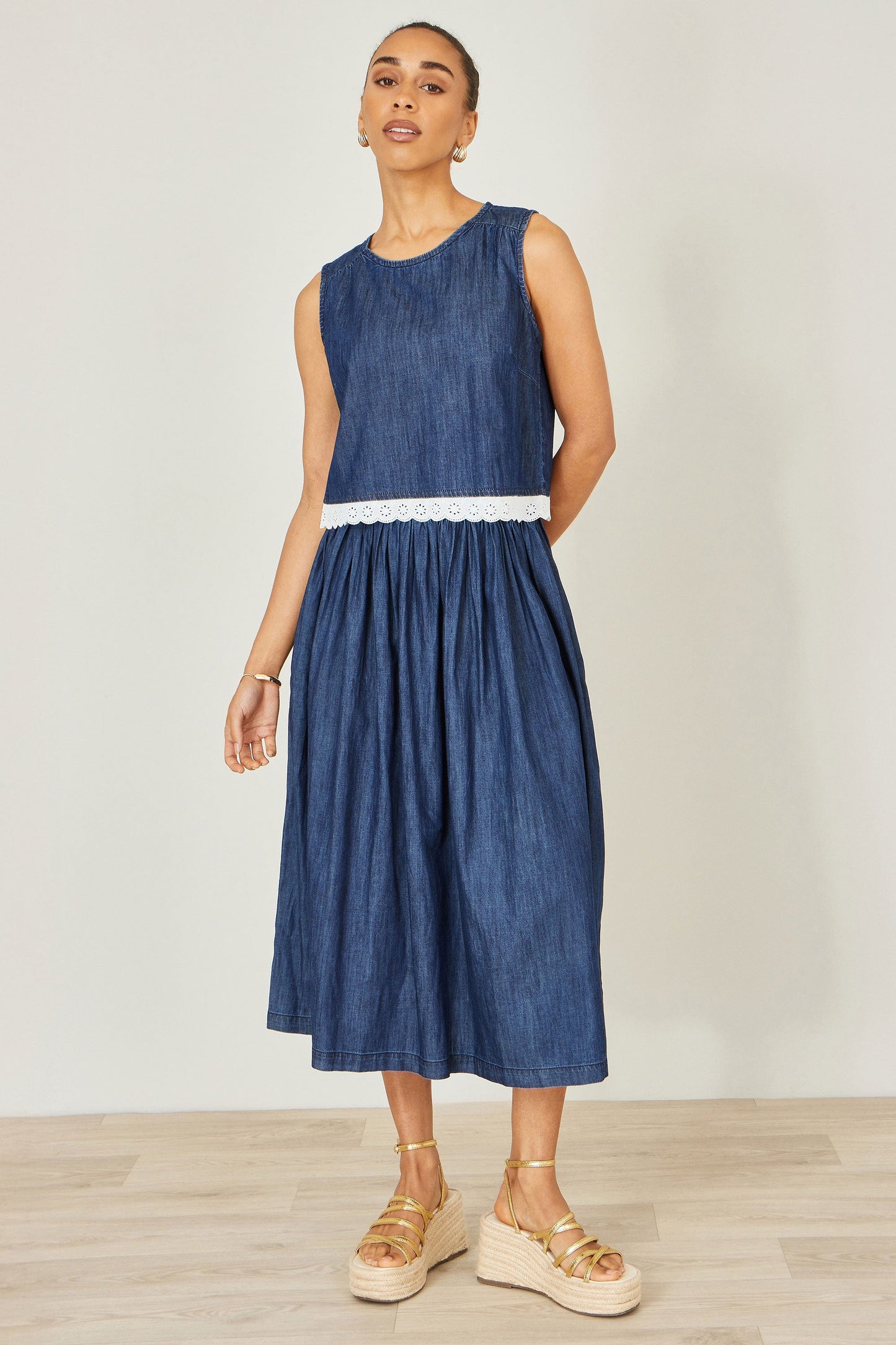 Blue Denim Chambray Gathered Midi Skirt