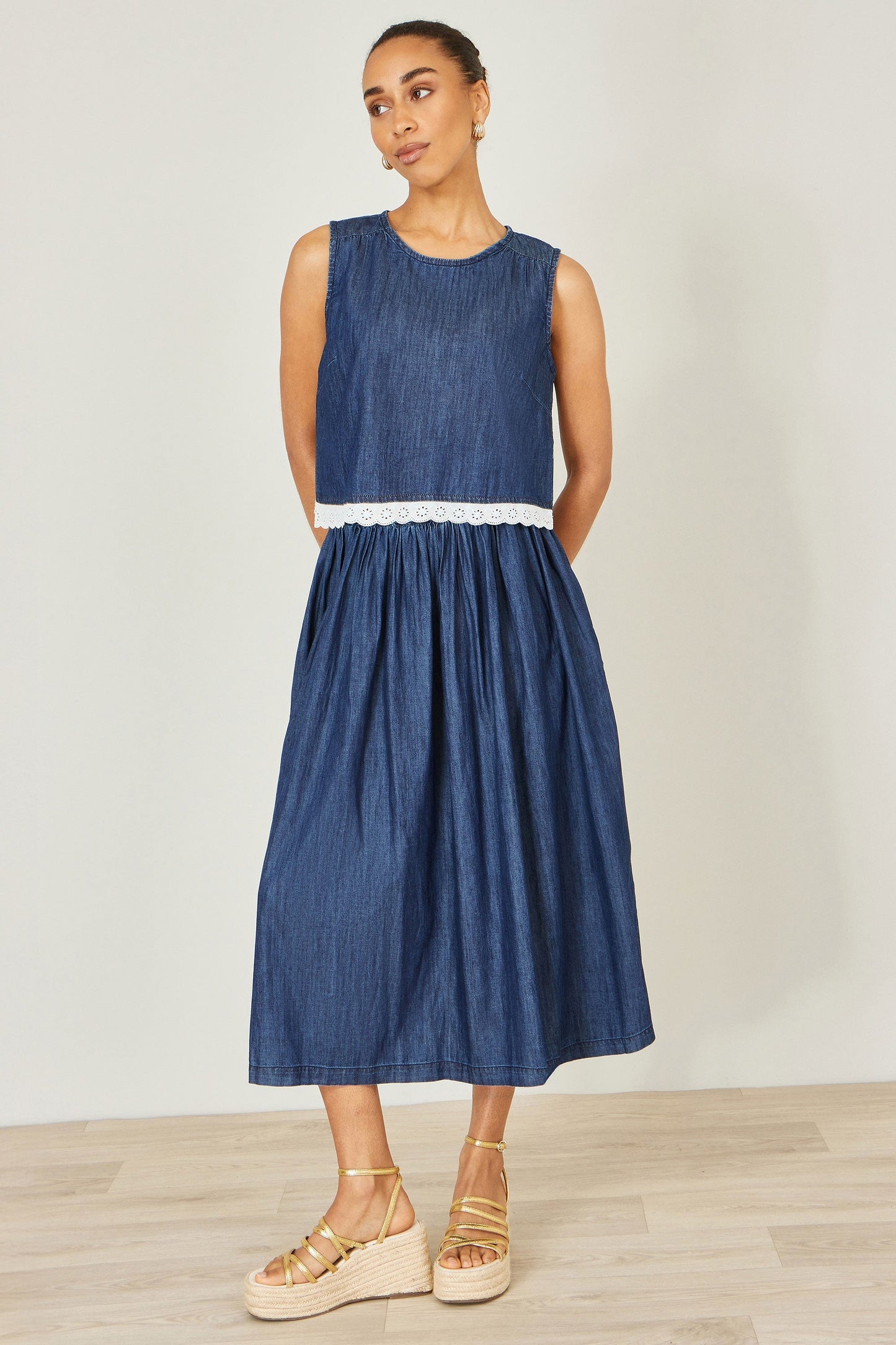 Blue Denim Chambray Gathered Midi Skirt