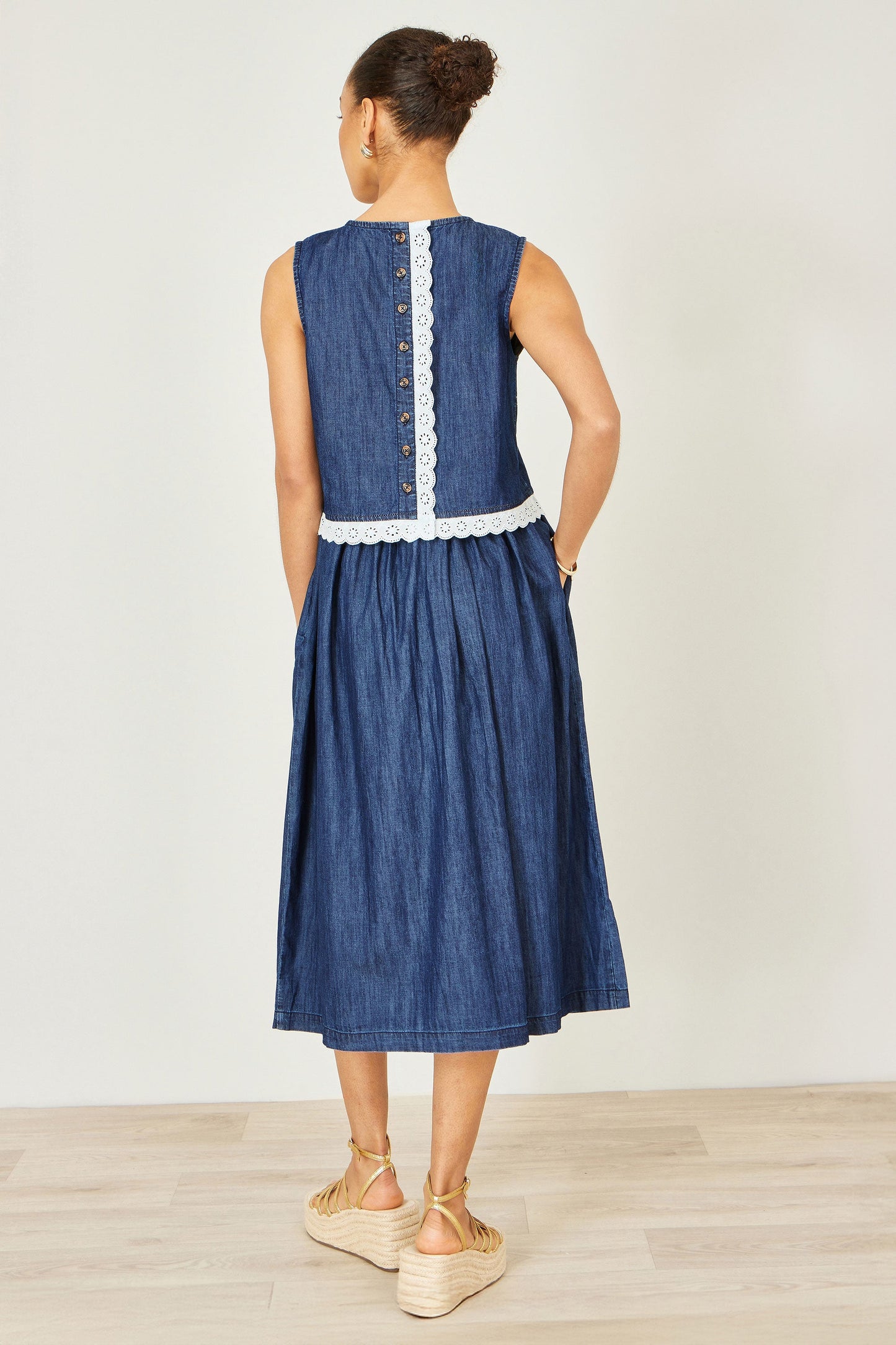 Blue Denim Chambray Gathered Midi Skirt