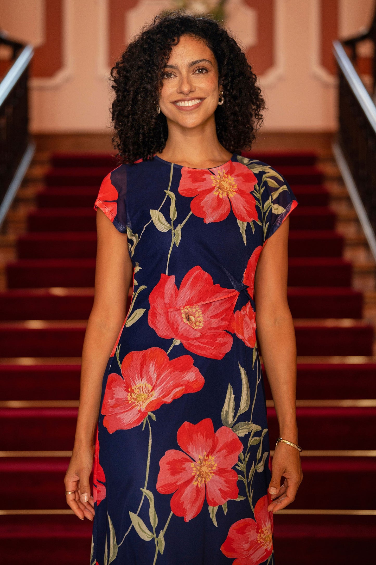 Navy Poppy Print Midi Mesh Dress