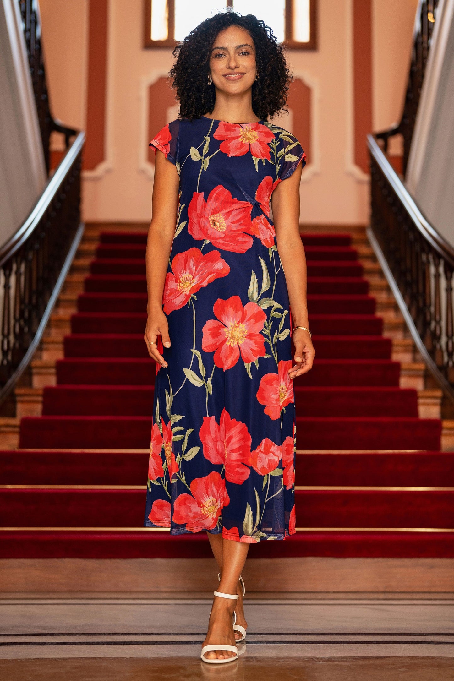 Navy Poppy Print Midi Mesh Dress