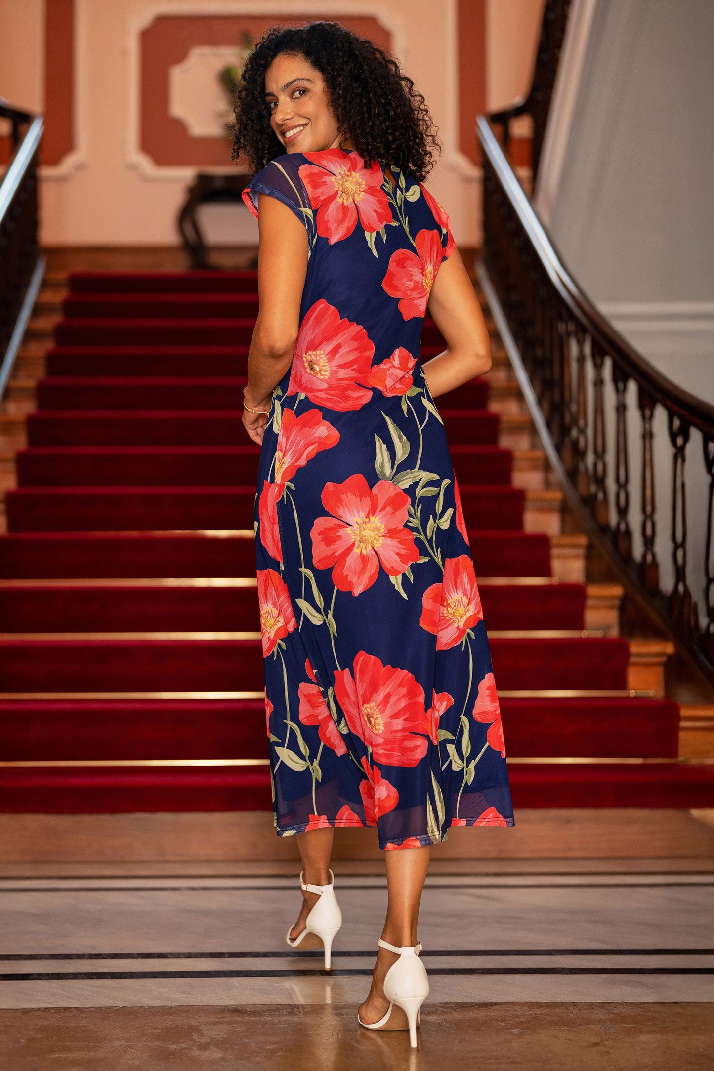 Navy Poppy Print Midi Mesh Dress