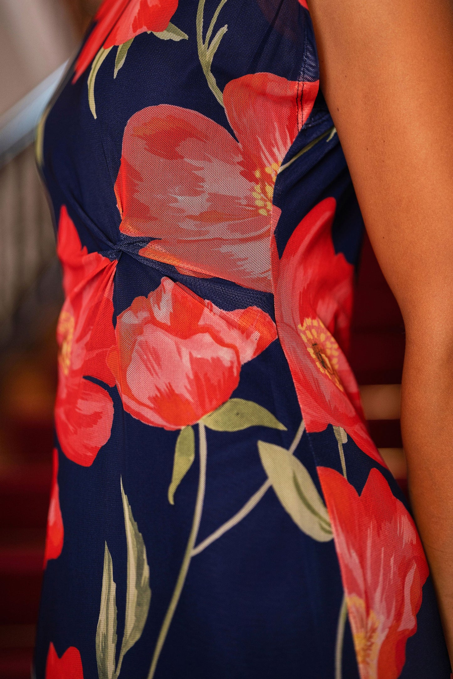 Navy Poppy Print Midi Mesh Dress