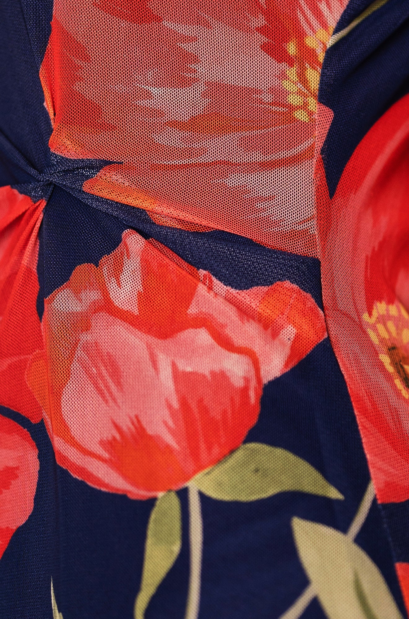 Navy Poppy Print Midi Mesh Dress