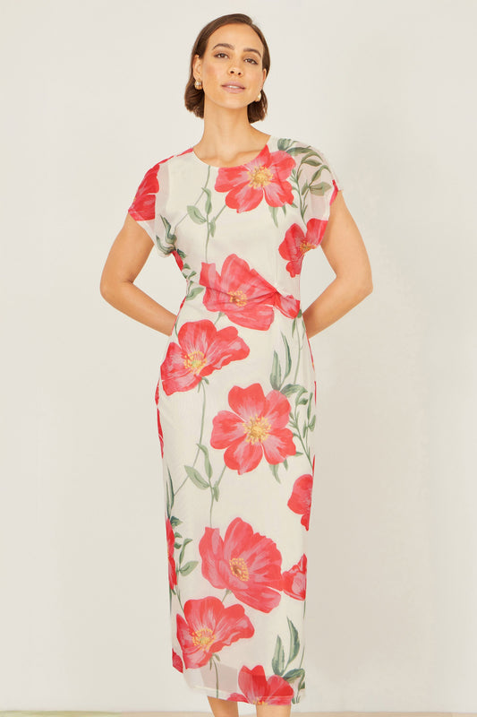 Ivory Poppy Print Midi Mesh Dress