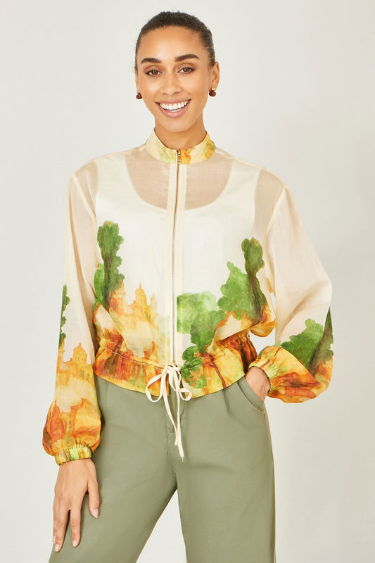 Beige Printed Lightweight Modal Bomber Jacket