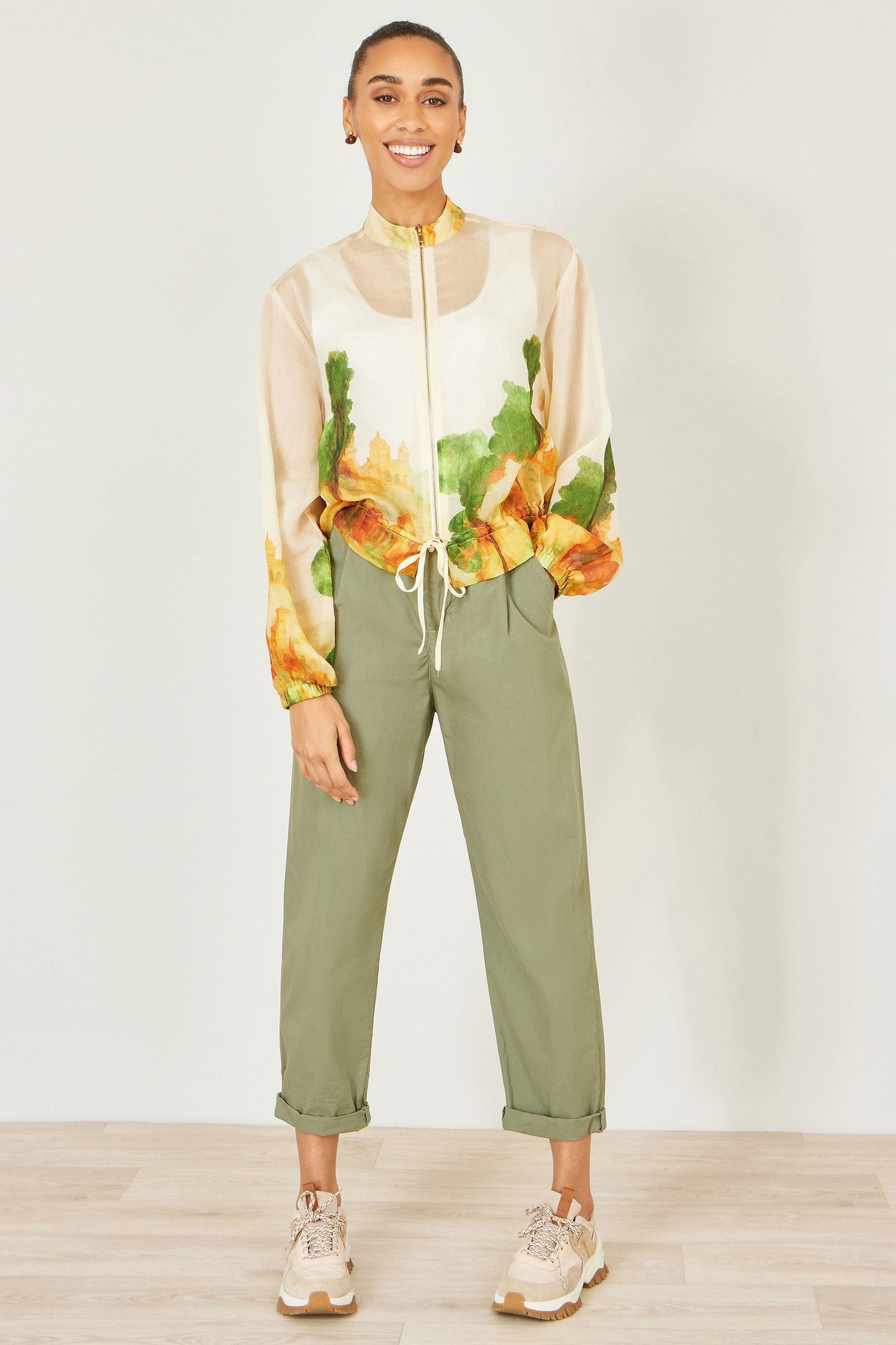 Beige Printed Lightweight Modal Bomber Jacket