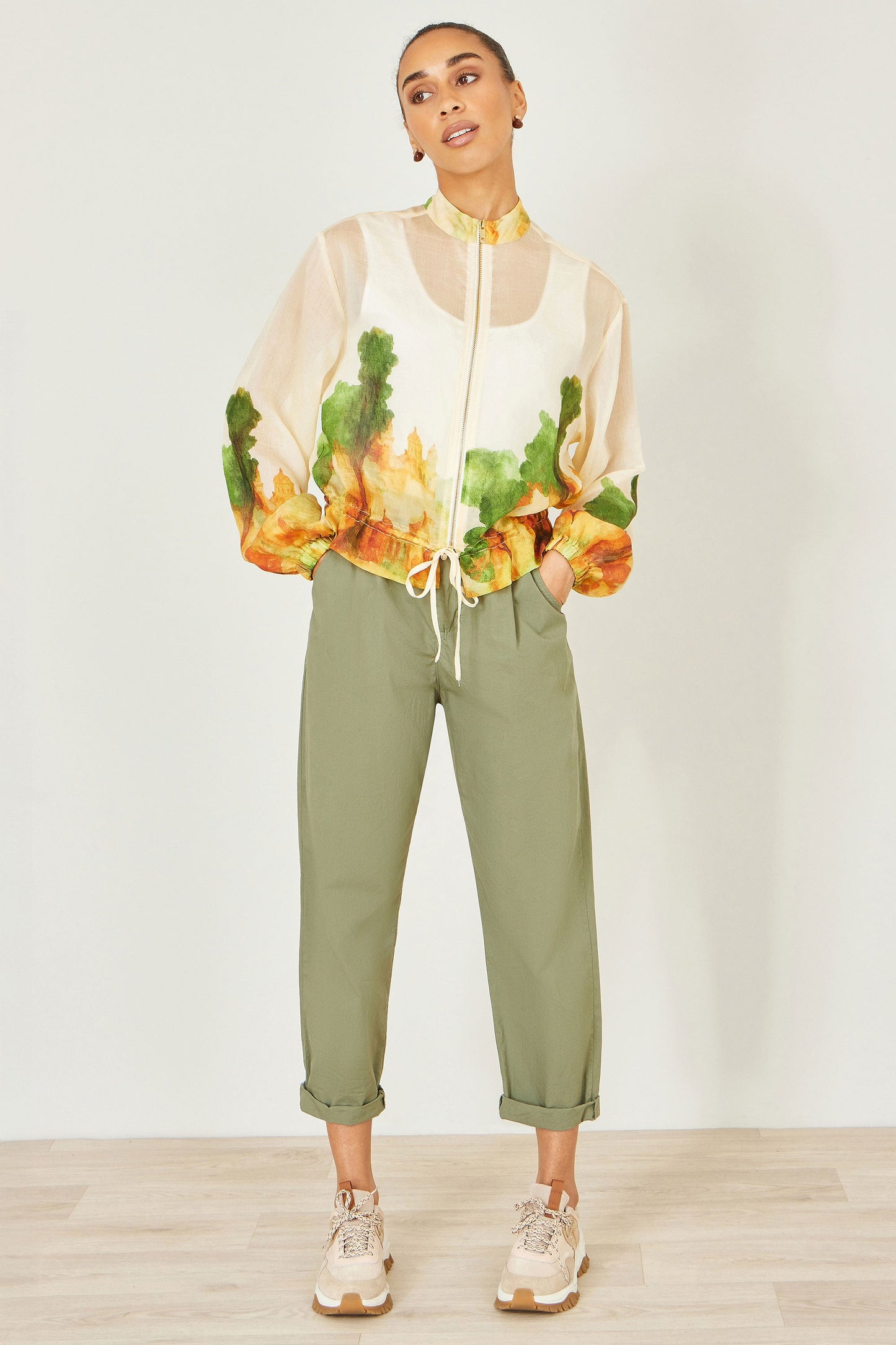 Beige Printed Lightweight Modal Bomber Jacket