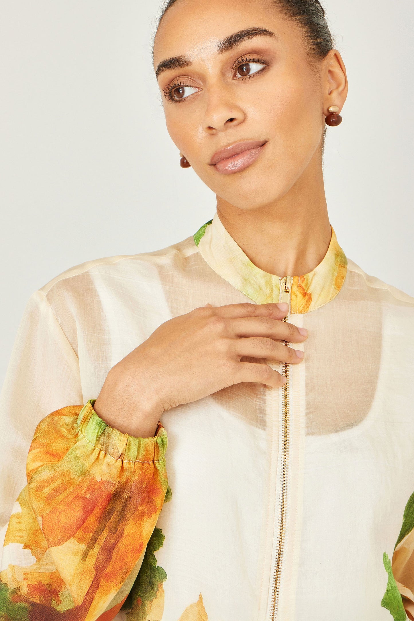 Beige Printed Lightweight Modal Bomber Jacket