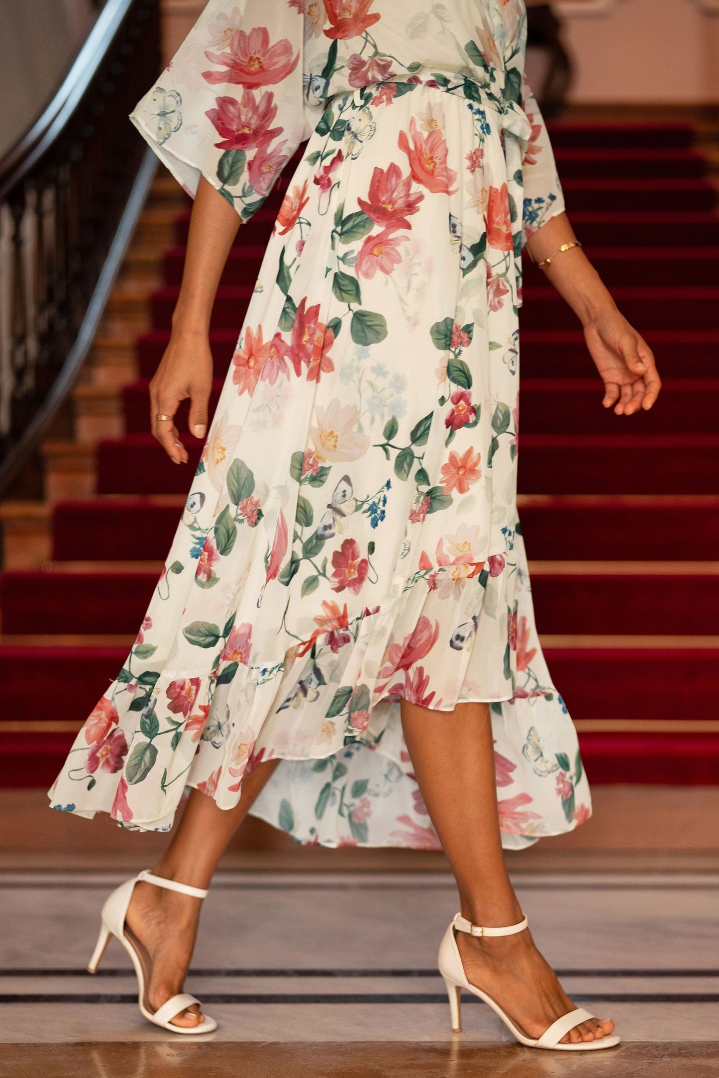 Ivory Floral Print Wrap Midi Dress With Dipped Hem