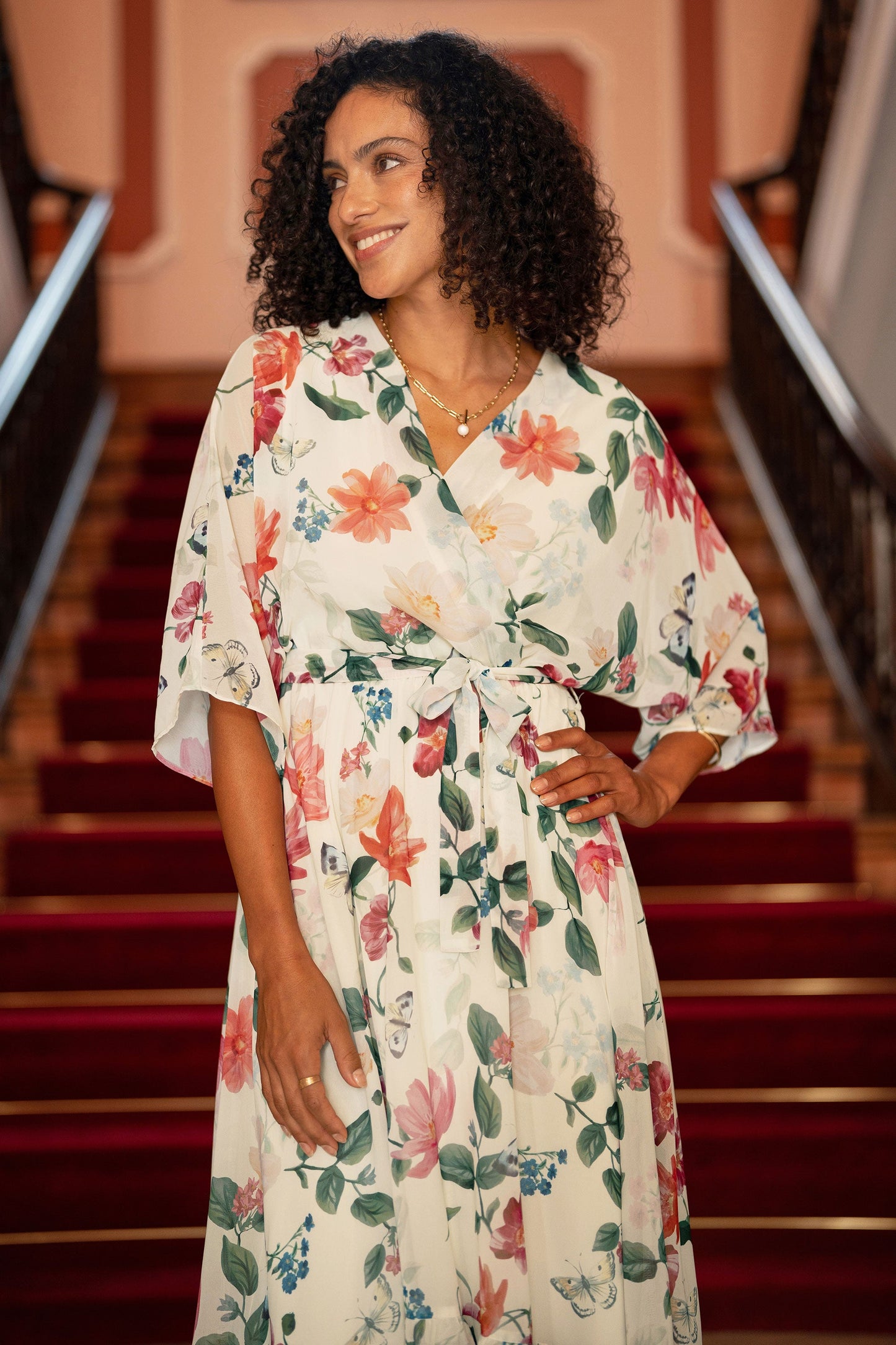 Ivory Floral Print Wrap Midi Dress With Dipped Hem
