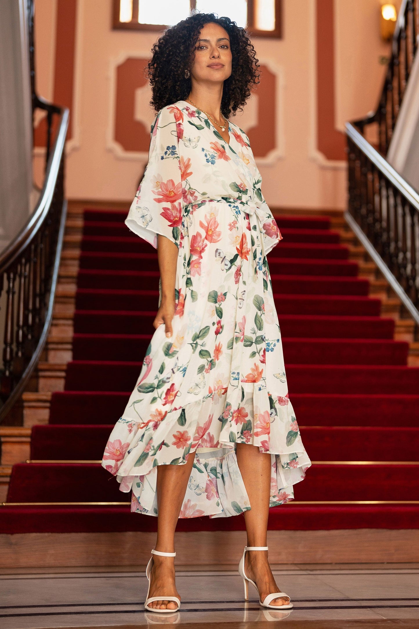Ivory Floral Print Wrap Midi Dress With Dipped Hem