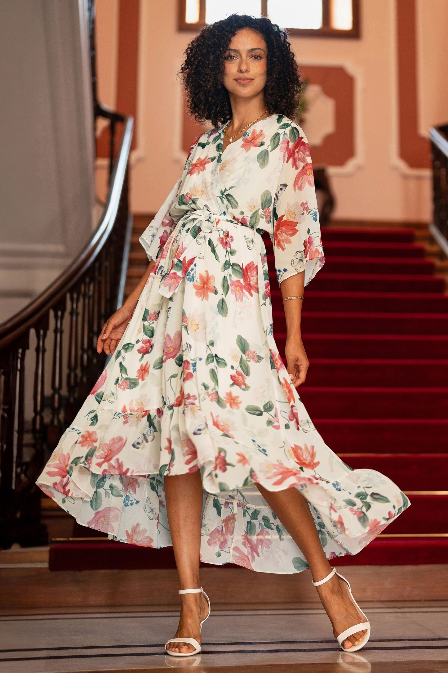 Ivory Floral Print Wrap Midi Dress With Dipped Hem