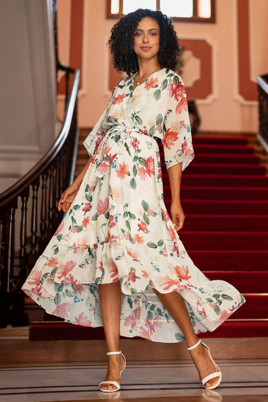 Ivory Floral Print Wrap Midi Dress With Dipped Hem