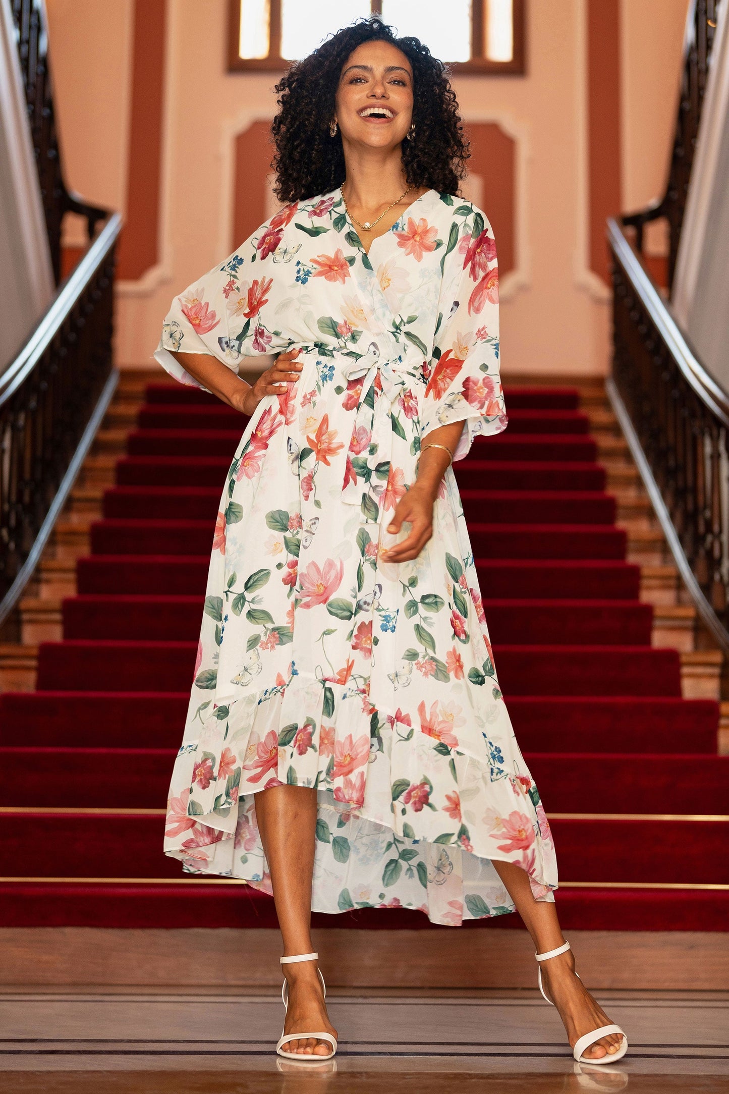 Ivory Floral Print Wrap Midi Dress With Dipped Hem