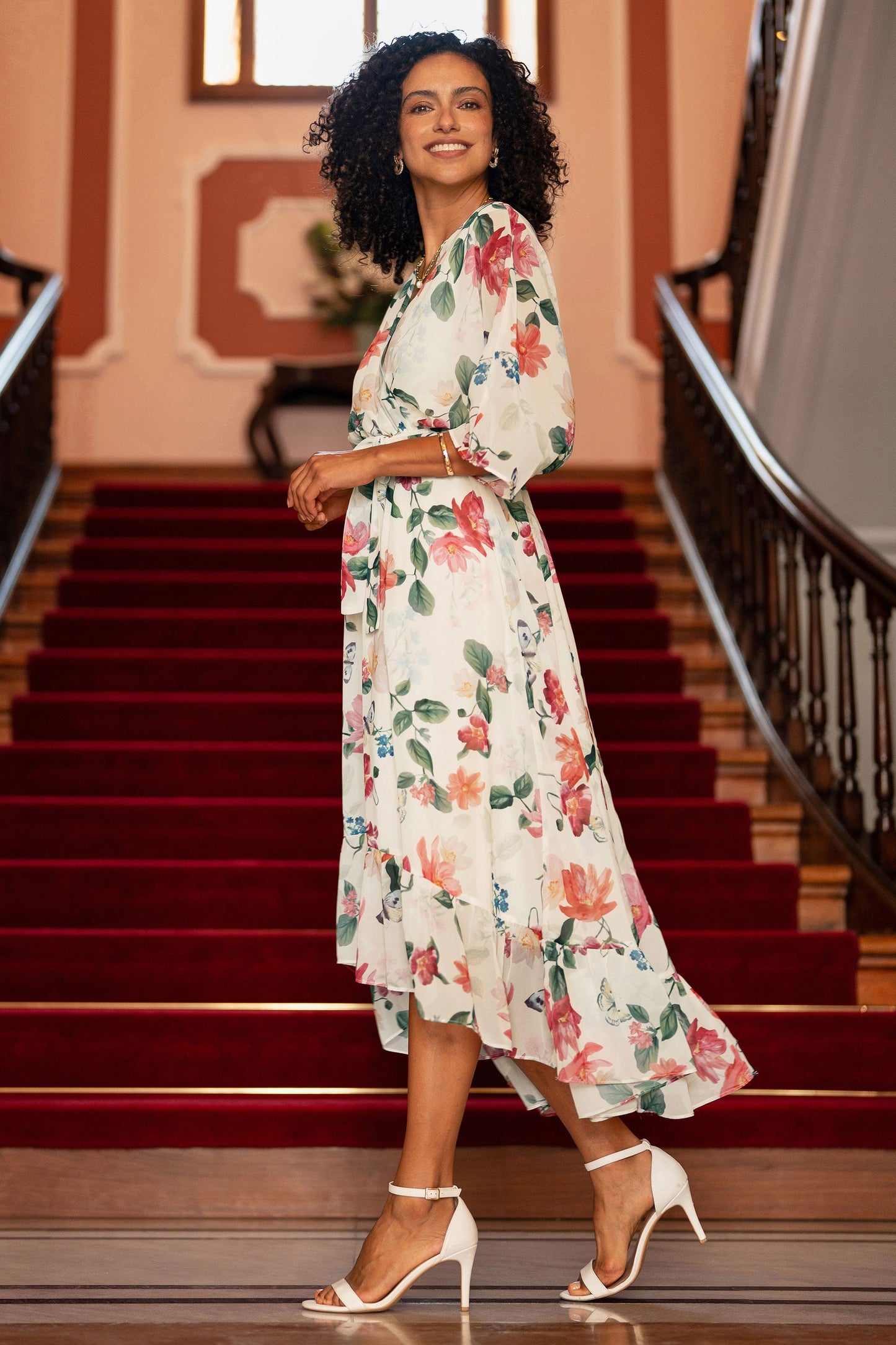 Ivory Floral Print Wrap Midi Dress With Dipped Hem