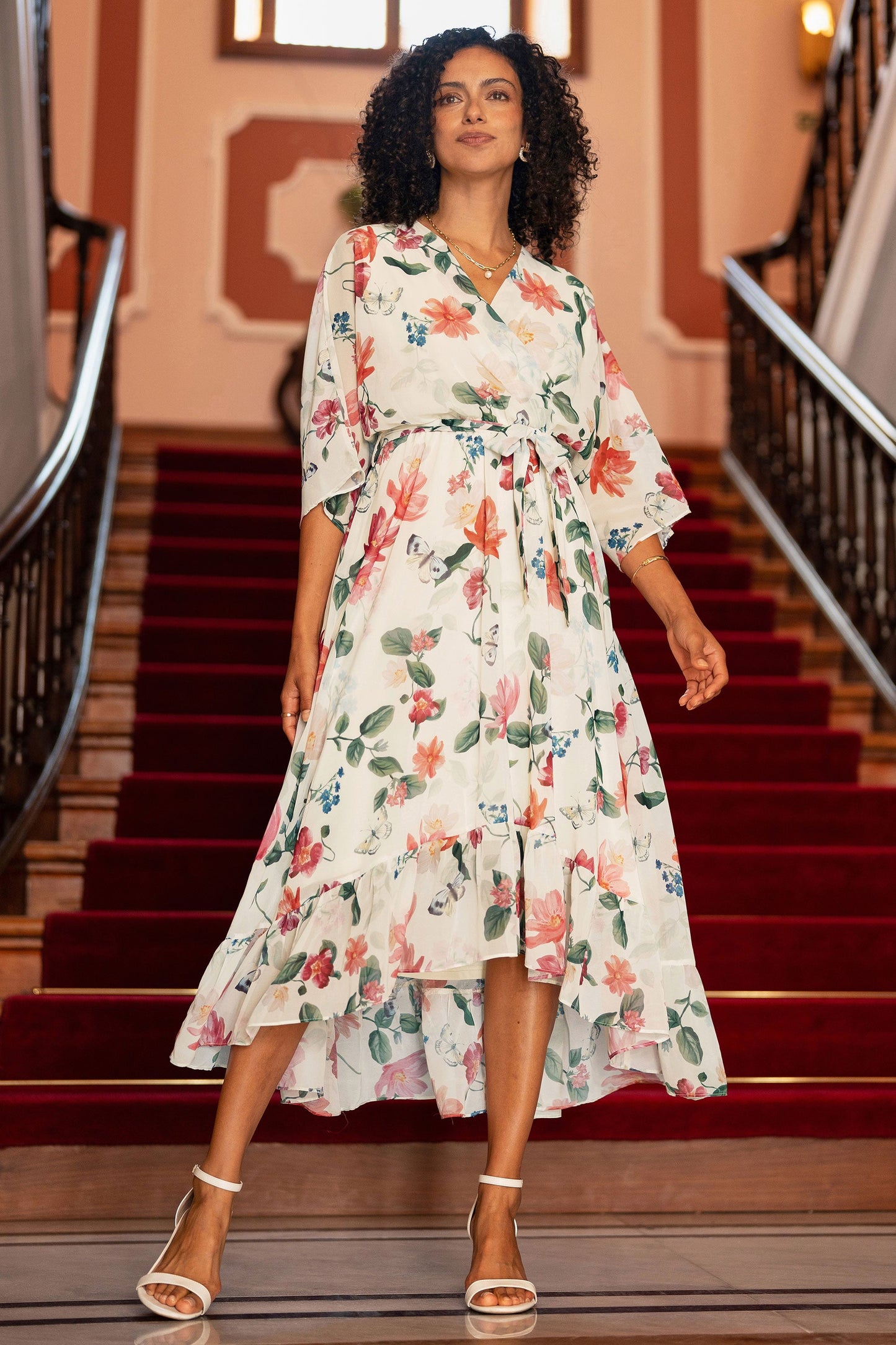 Ivory Floral Print Wrap Midi Dress With Dipped Hem