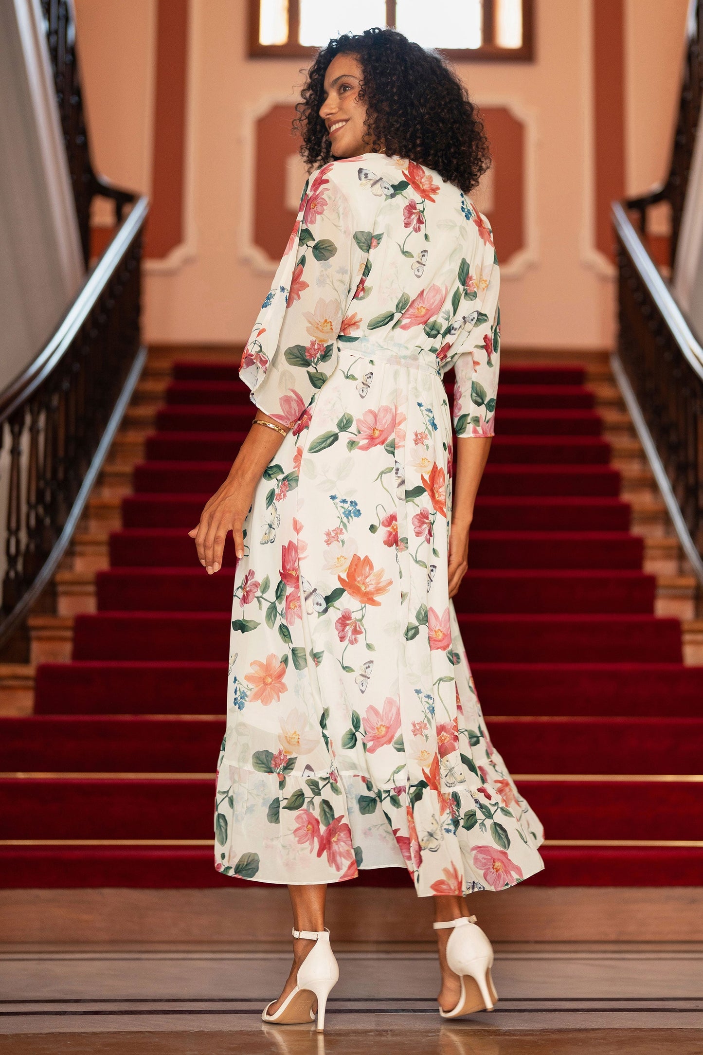 Ivory Floral Print Wrap Midi Dress With Dipped Hem