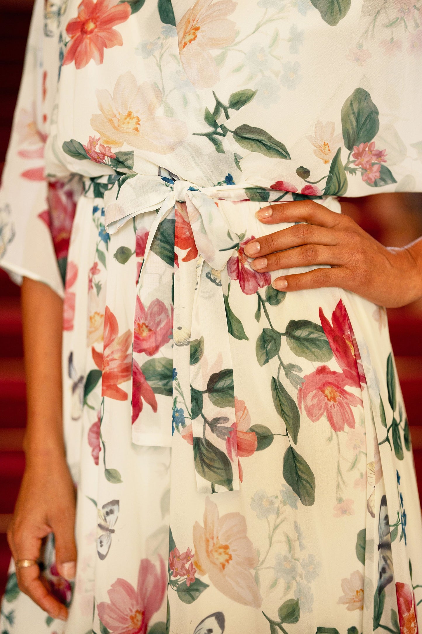Ivory Floral Print Wrap Midi Dress With Dipped Hem