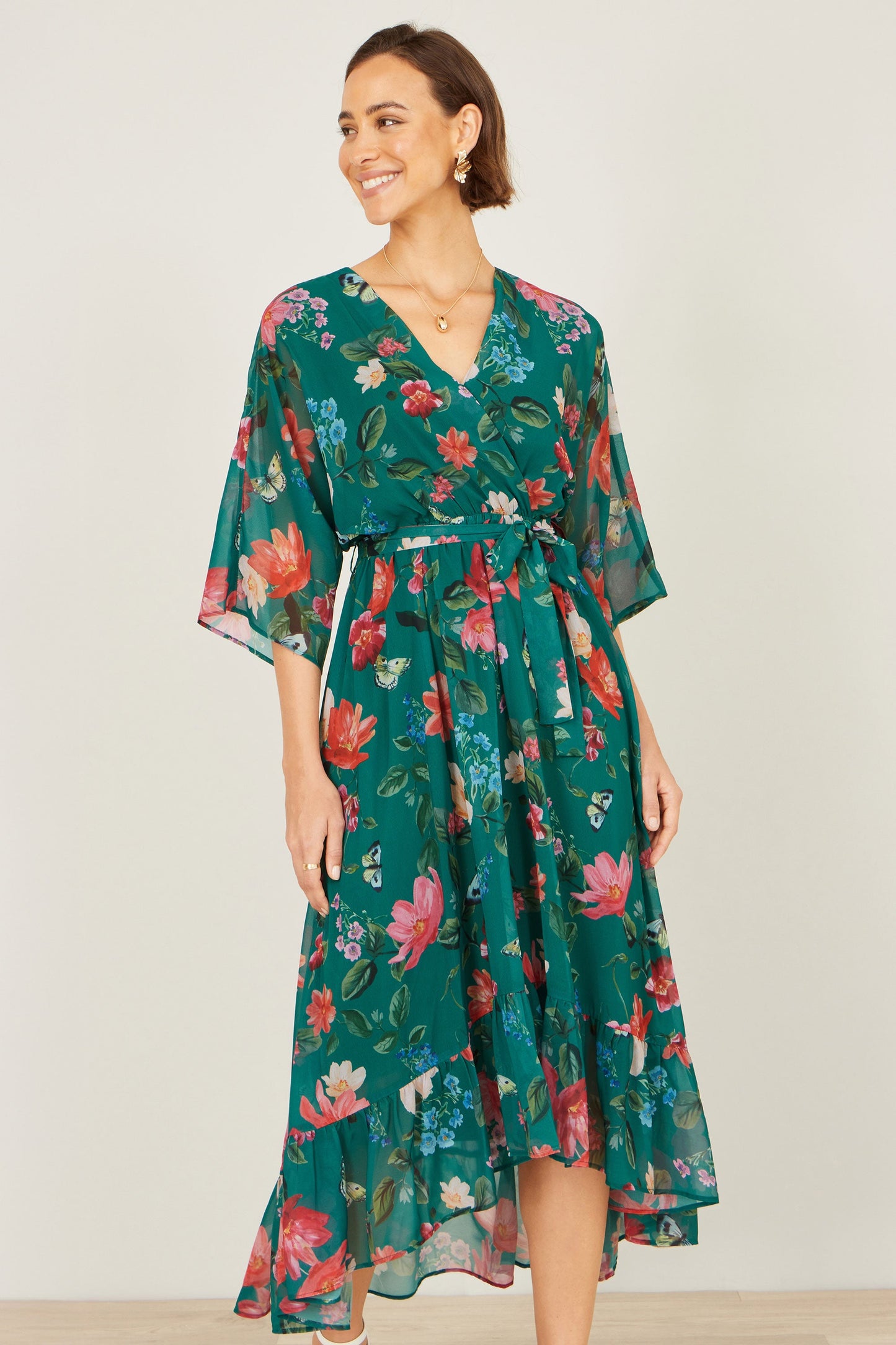Green Floral Kimono Wrap Dress With Dip Hem