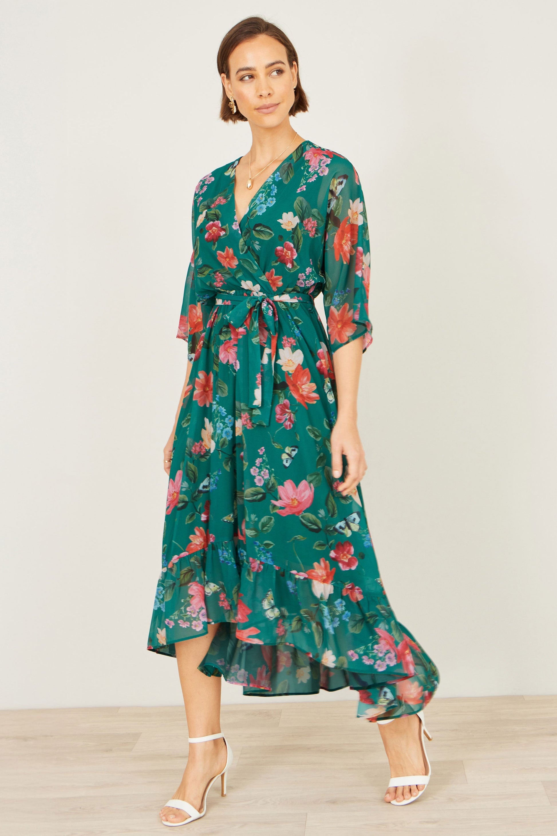 Green Floral Kimono Wrap Dress With Dip Hem