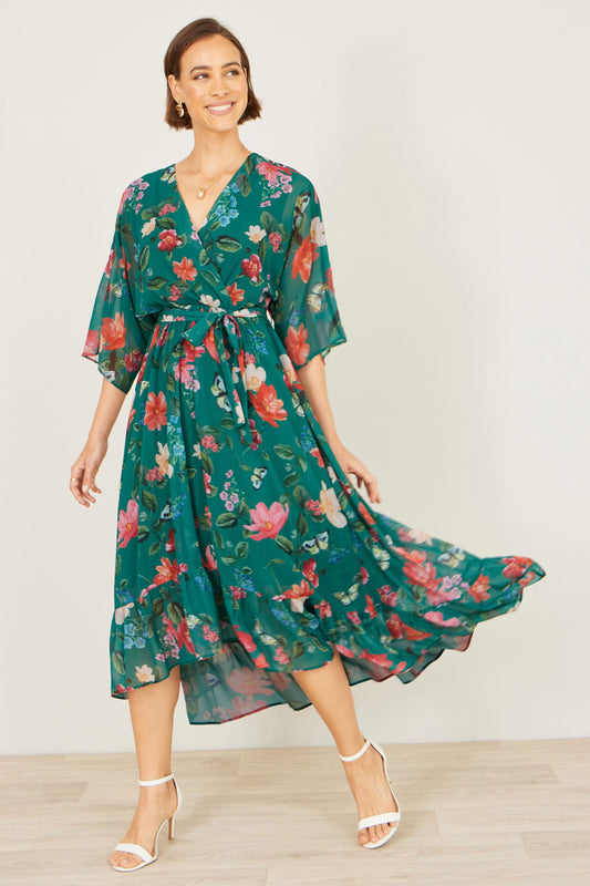 Green Floral Kimono Wrap Dress With Dip Hem
