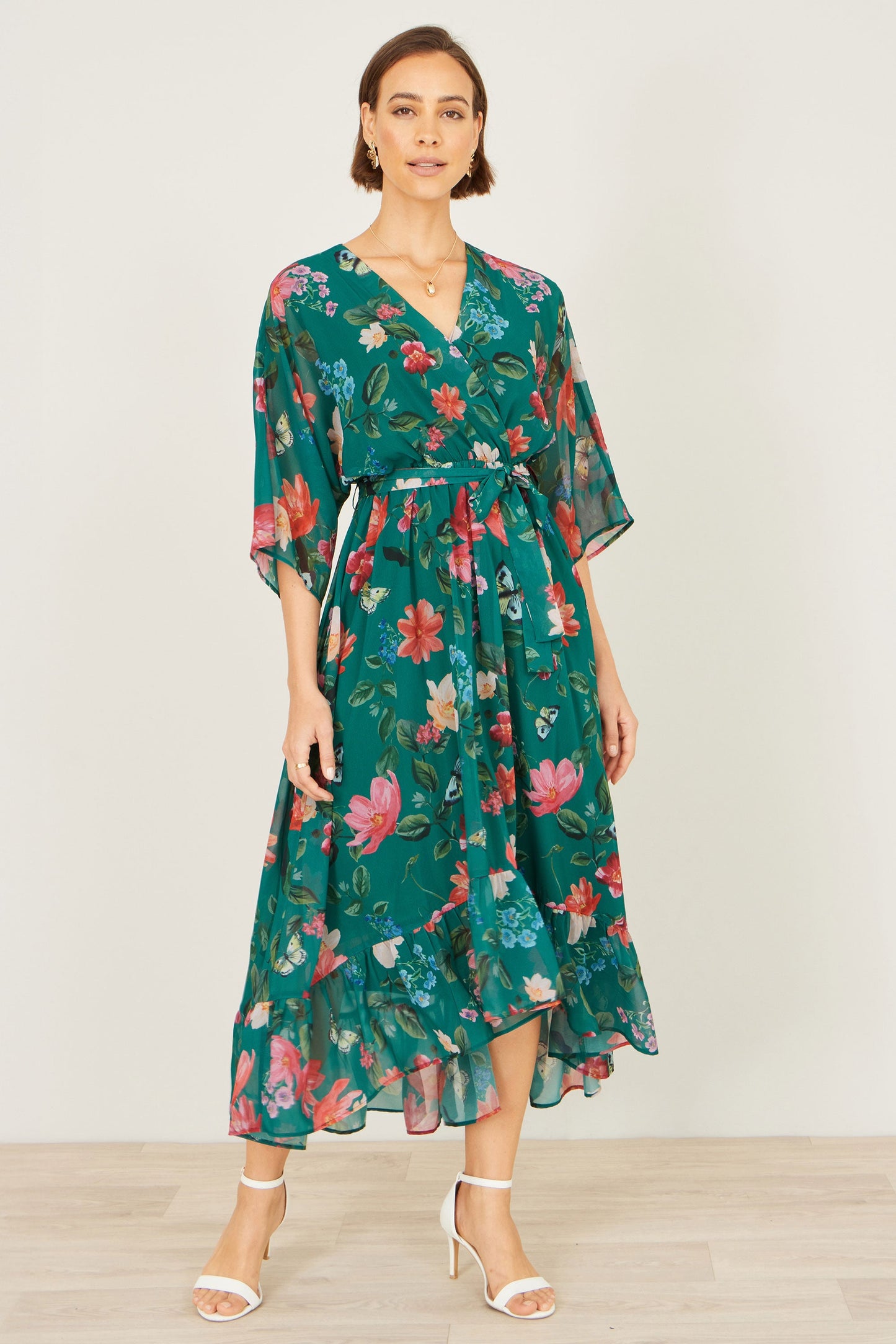 Green Floral Kimono Wrap Dress With Dip Hem