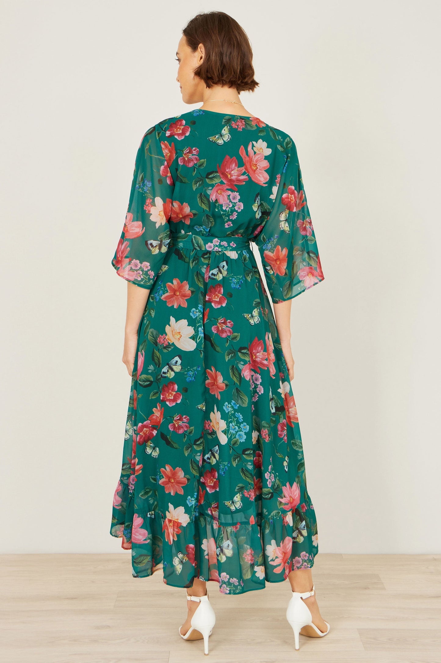Green Floral Kimono Wrap Dress With Dip Hem